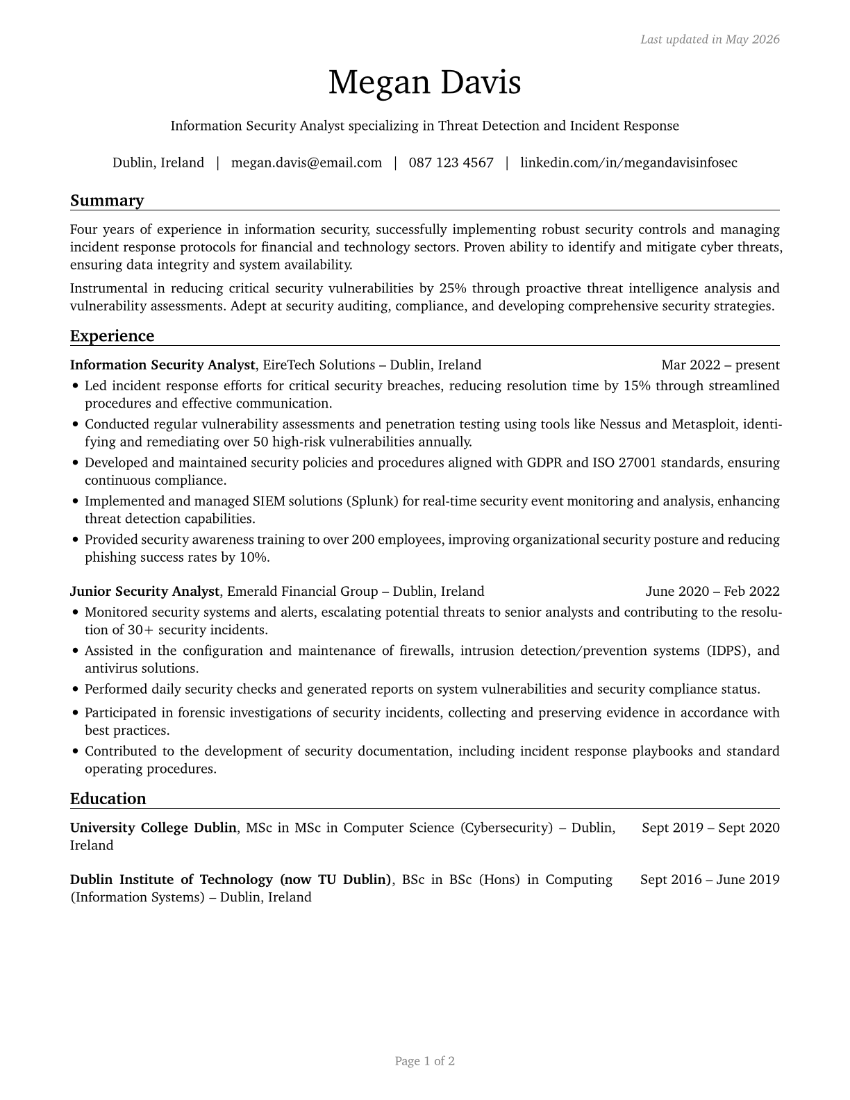 Information Security Analysts CV in English — page 1