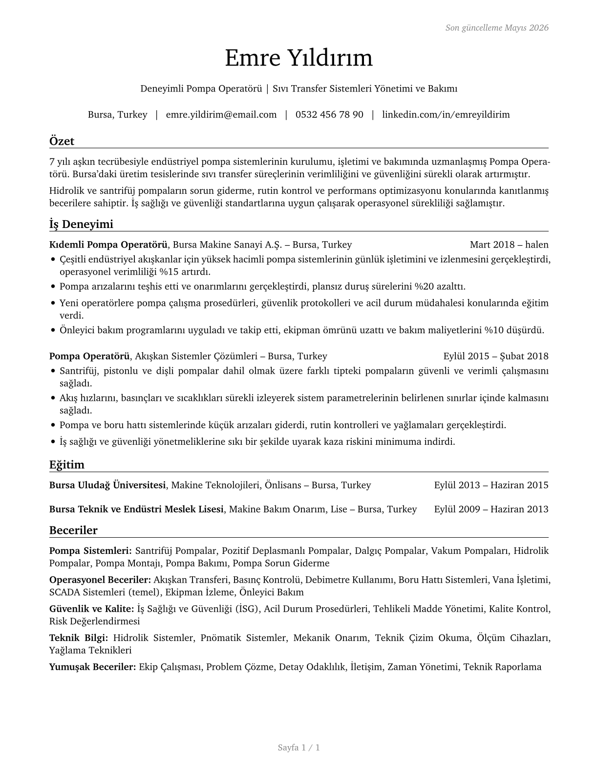 Pump Operators, Except Wellhead Pumpers CV in Turkish — page 1