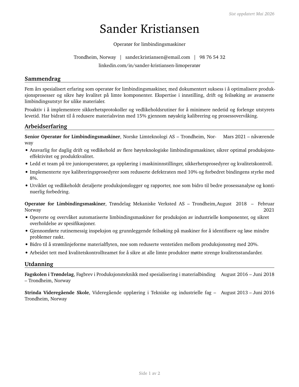Adhesive Bonding Machine Operators and Tenders CV in Norwegian_bokmal — page 1