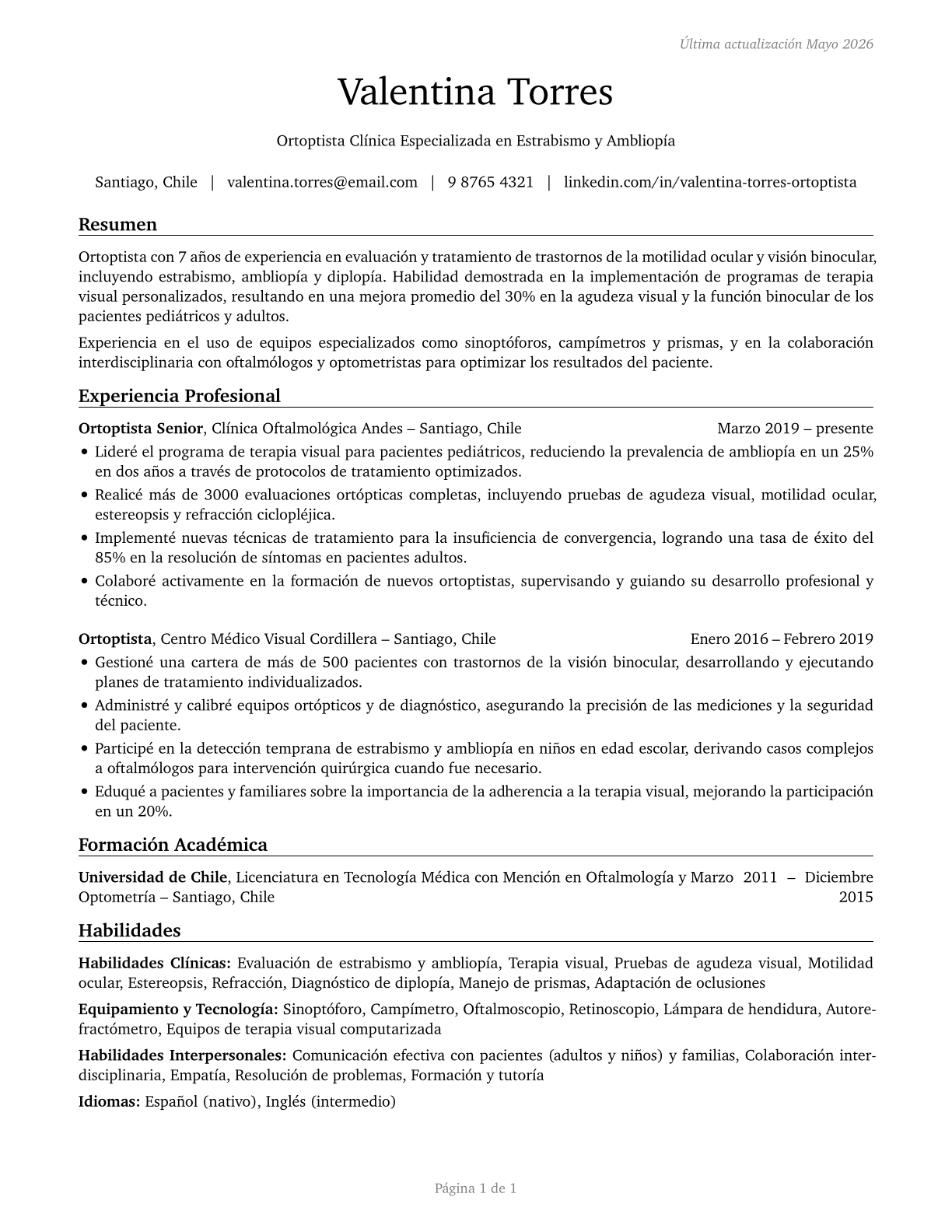 Orthoptists CV in Spanish — page 1