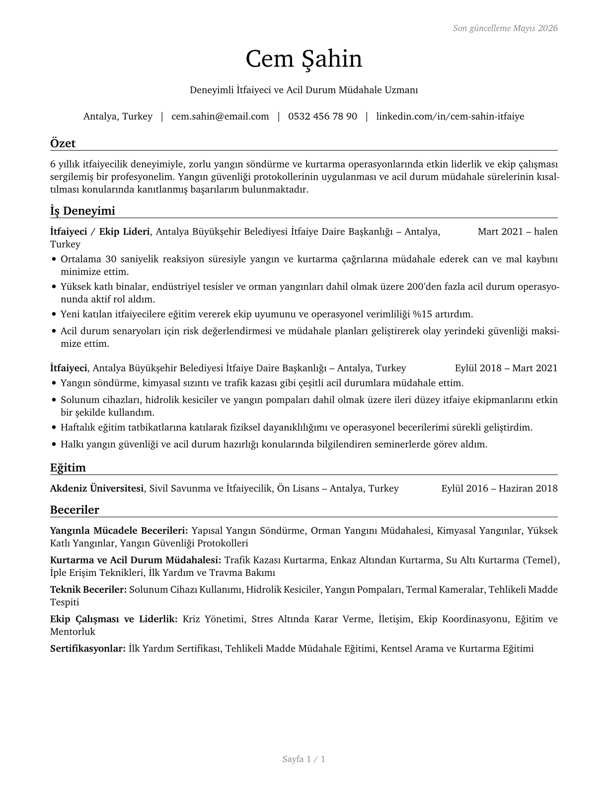 Firefighters CV in Turkish — page 1