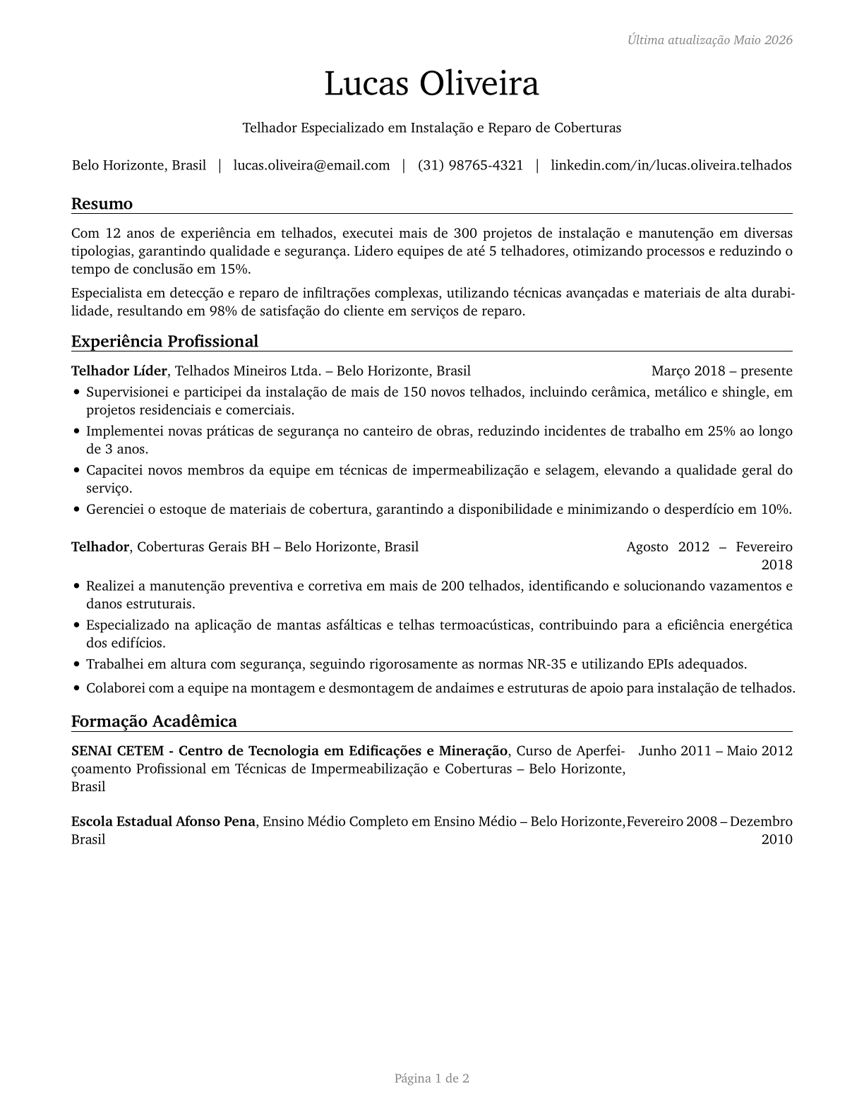 Roofers CV in Portuguese — page 1