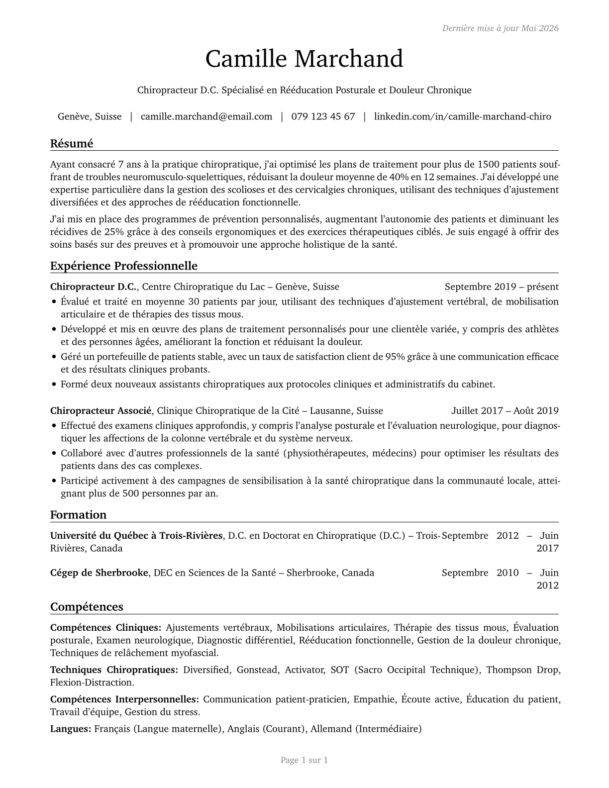 Chiropractors CV in French — page 1