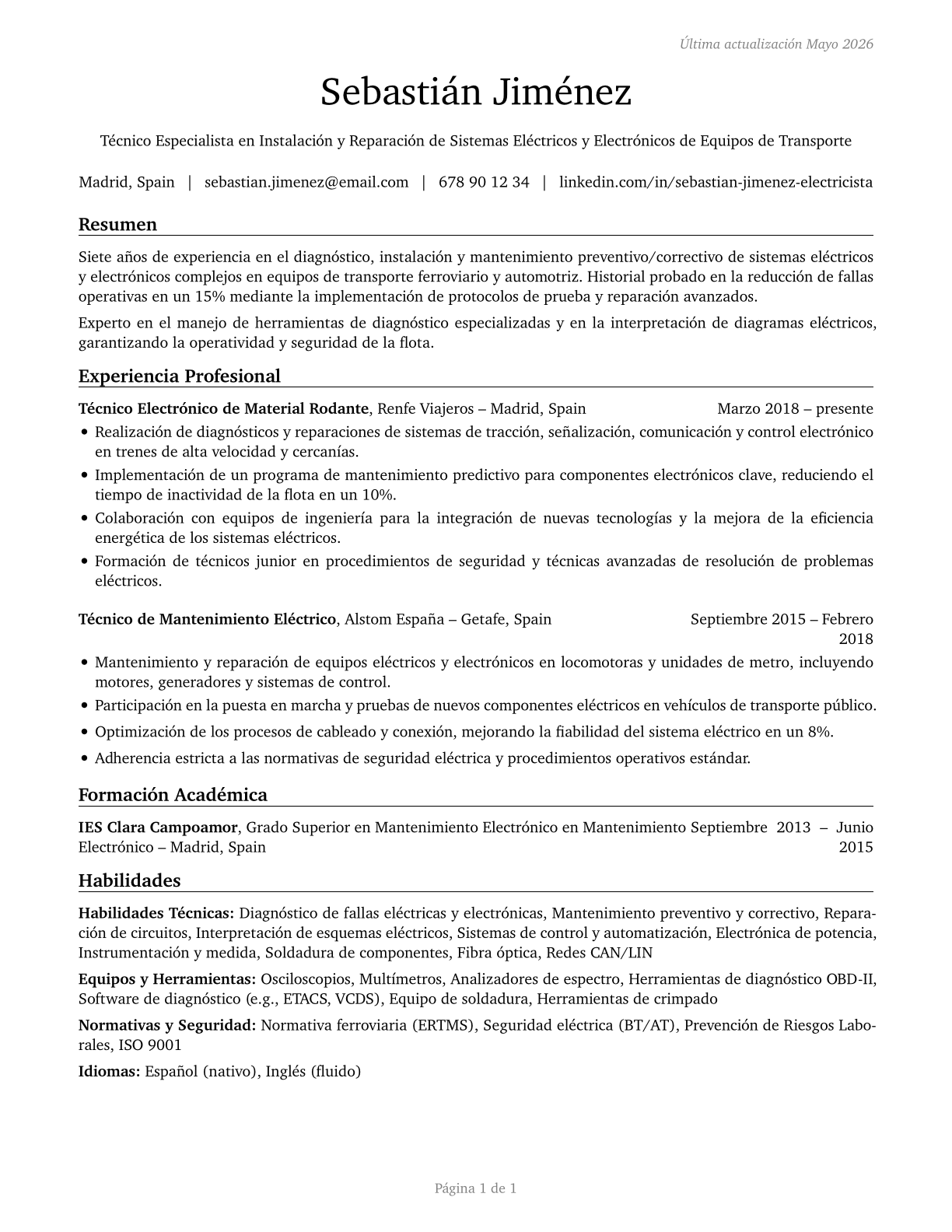 Electrical and Electronics Installers and Repairers, Transportation Equipment CV in Spanish — page 1