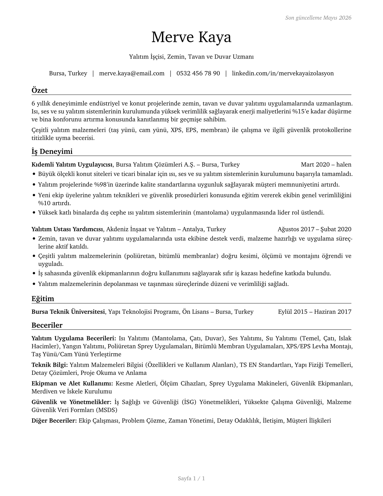 Insulation Workers, Floor, Ceiling, and Wall CV in Turkish — page 1