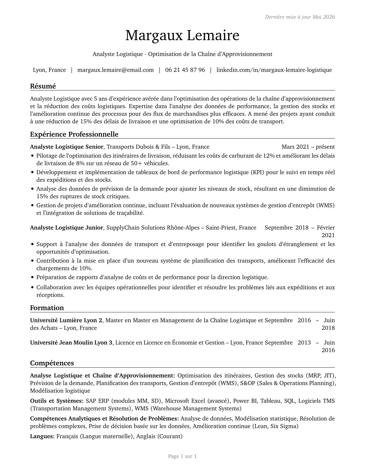Logistics Analysts CV in French — page 1