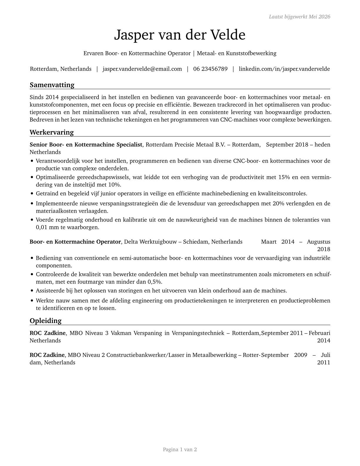 Drilling and Boring Machine Tool Setters, Operators, and Tenders, Metal and Plastic CV in Dutch — page 1