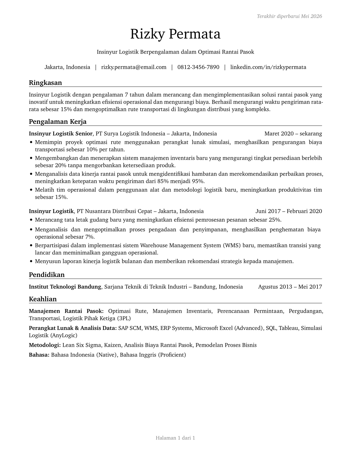 Logistics Engineers CV in Indonesian — page 1