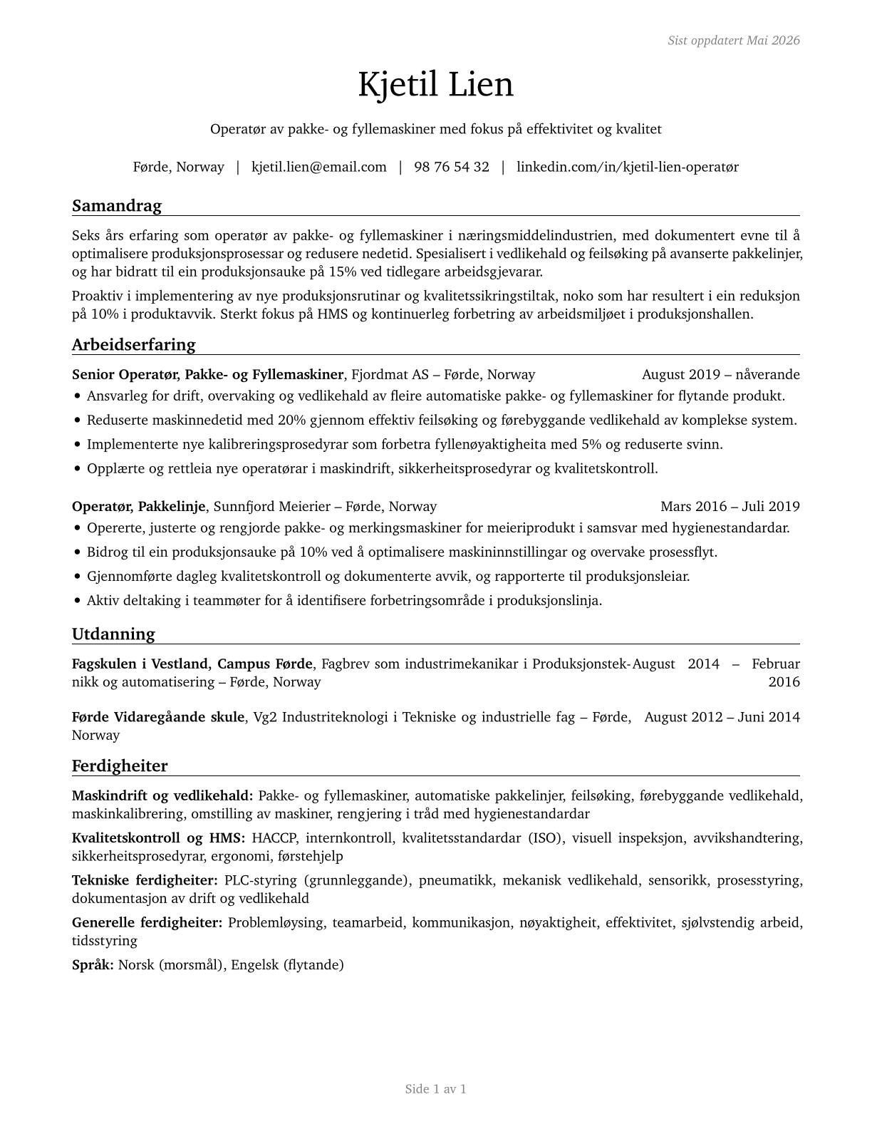 Packaging and Filling Machine Operators and Tenders CV in Norwegian_nynorsk — page 1