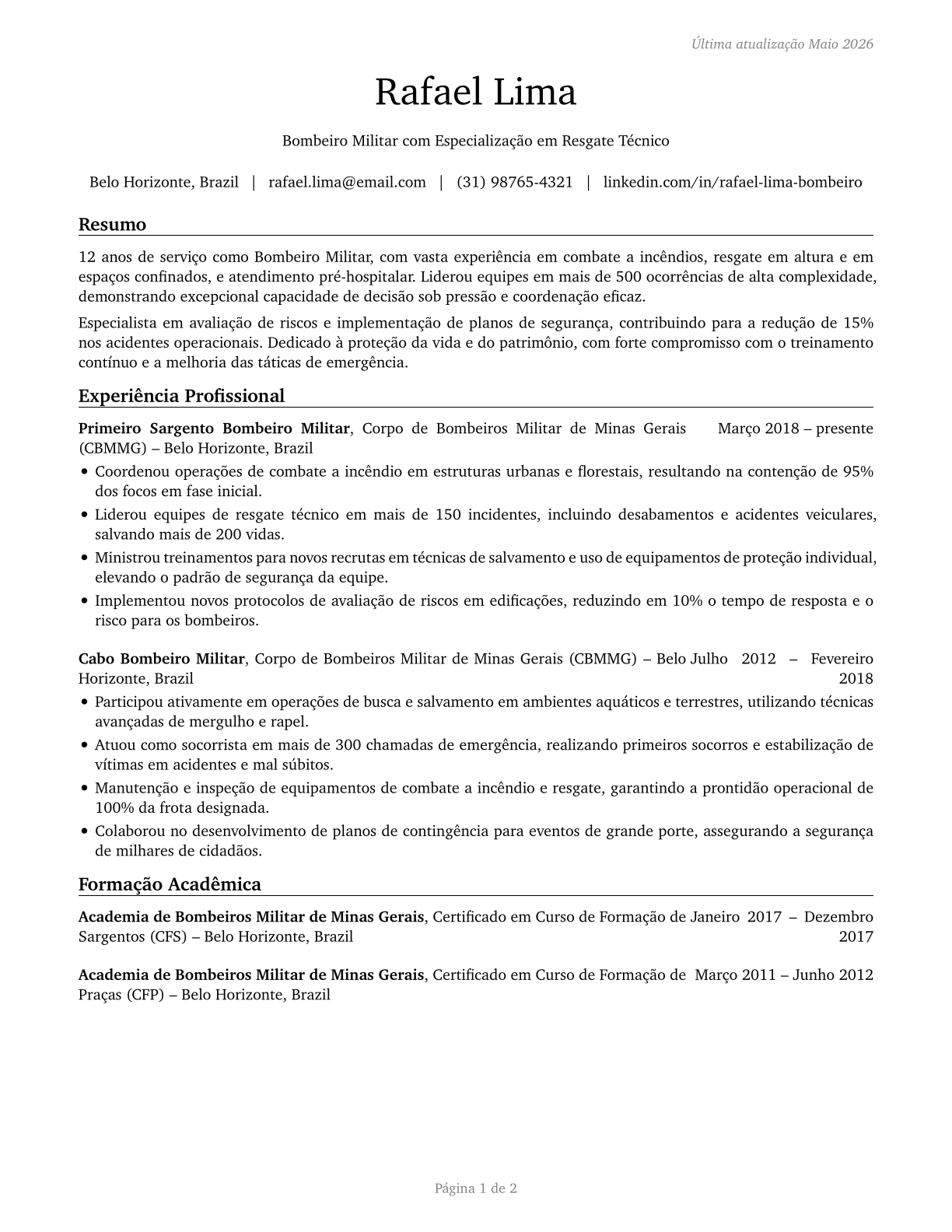 Firefighters CV in Portuguese — page 1