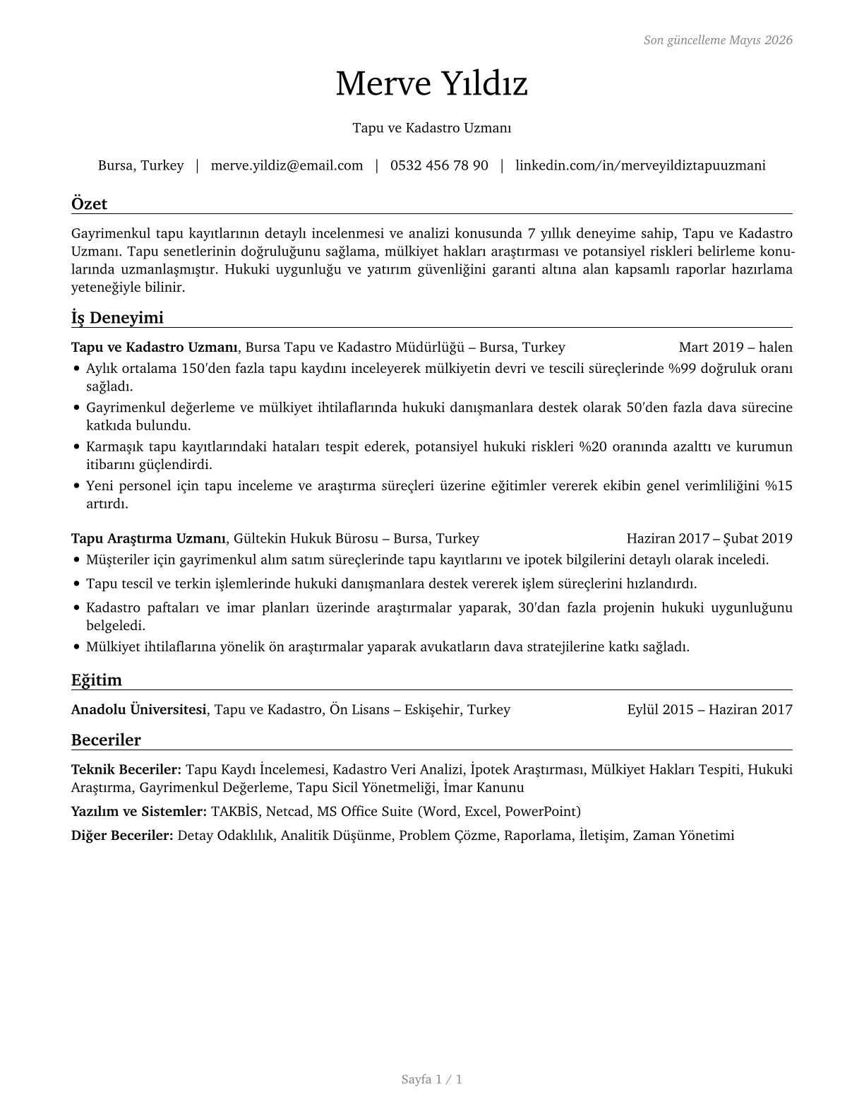 Title Examiners, Abstractors, and Searchers CV in Turkish — page 1