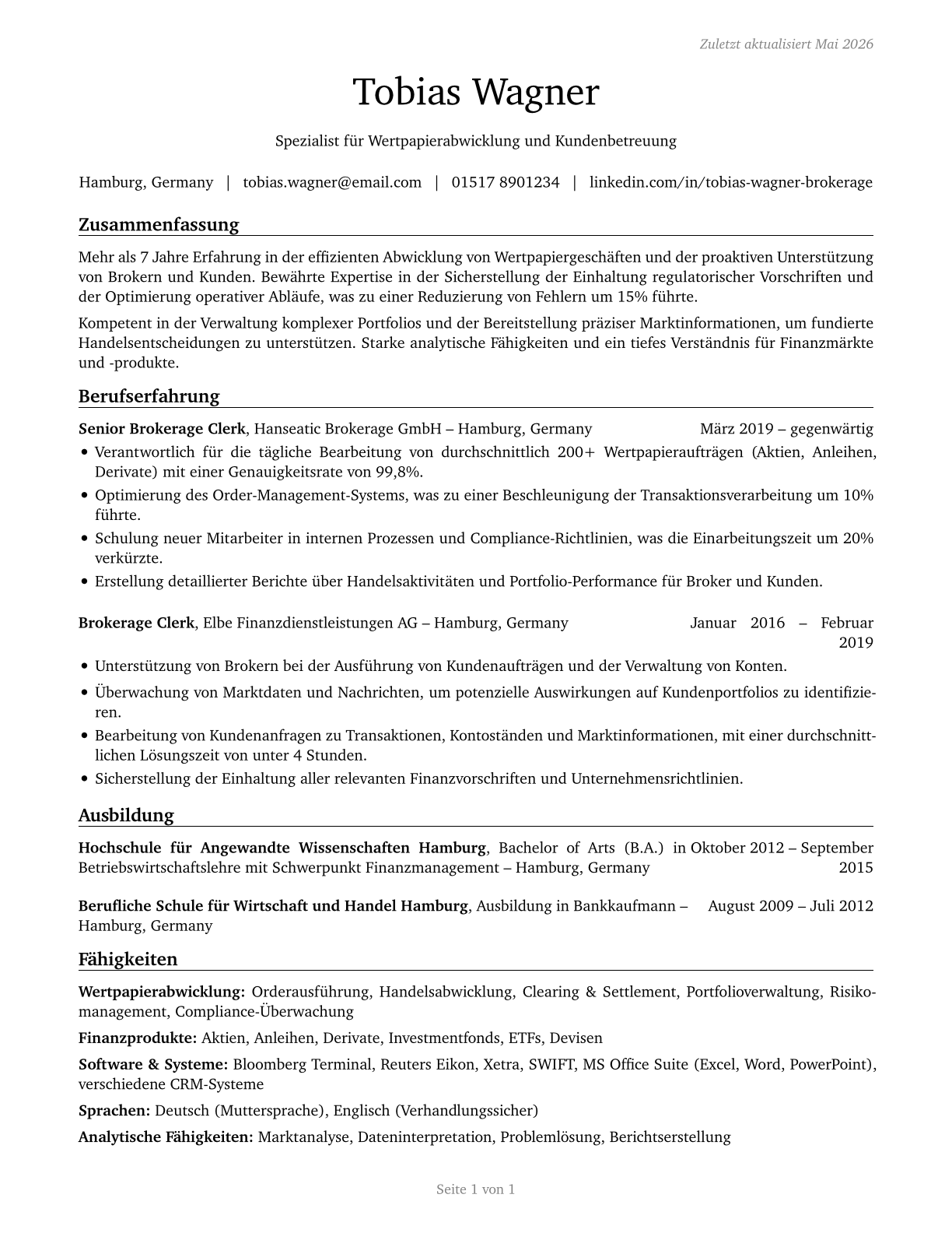 Brokerage Clerks CV in German — page 1