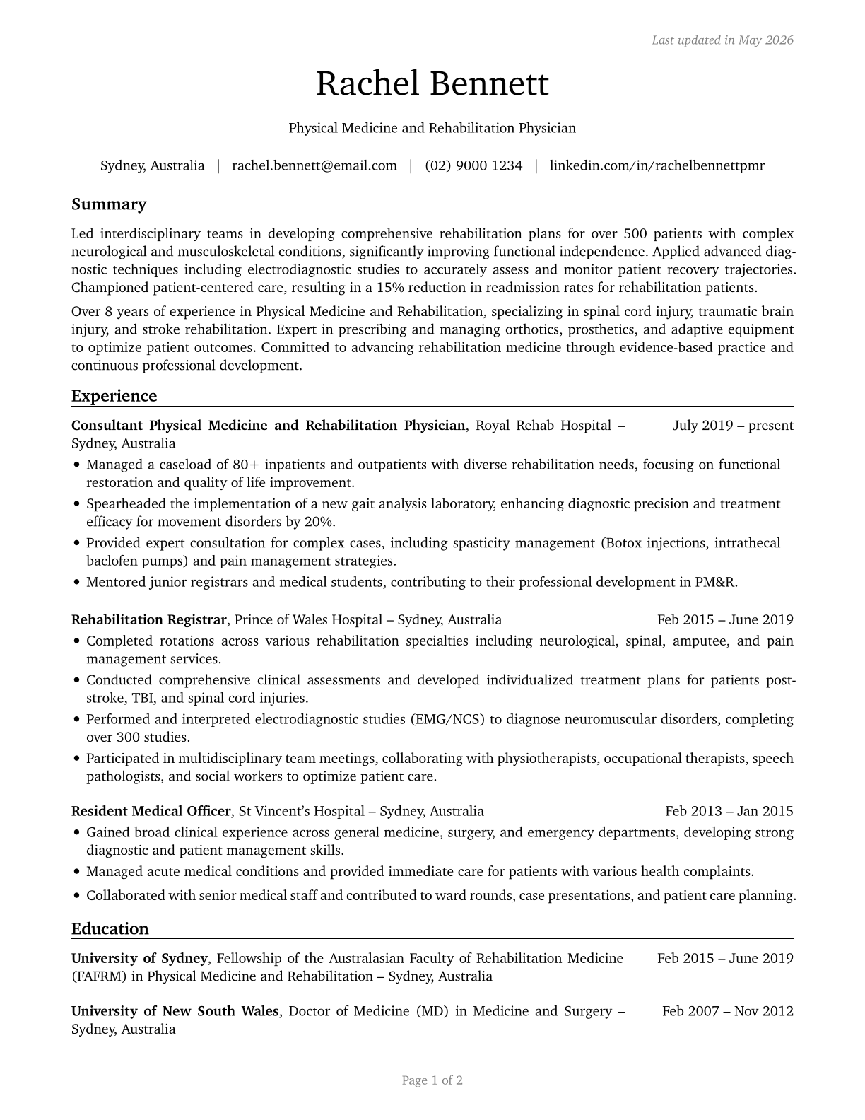 Physical Medicine and Rehabilitation Physicians CV in English — page 1