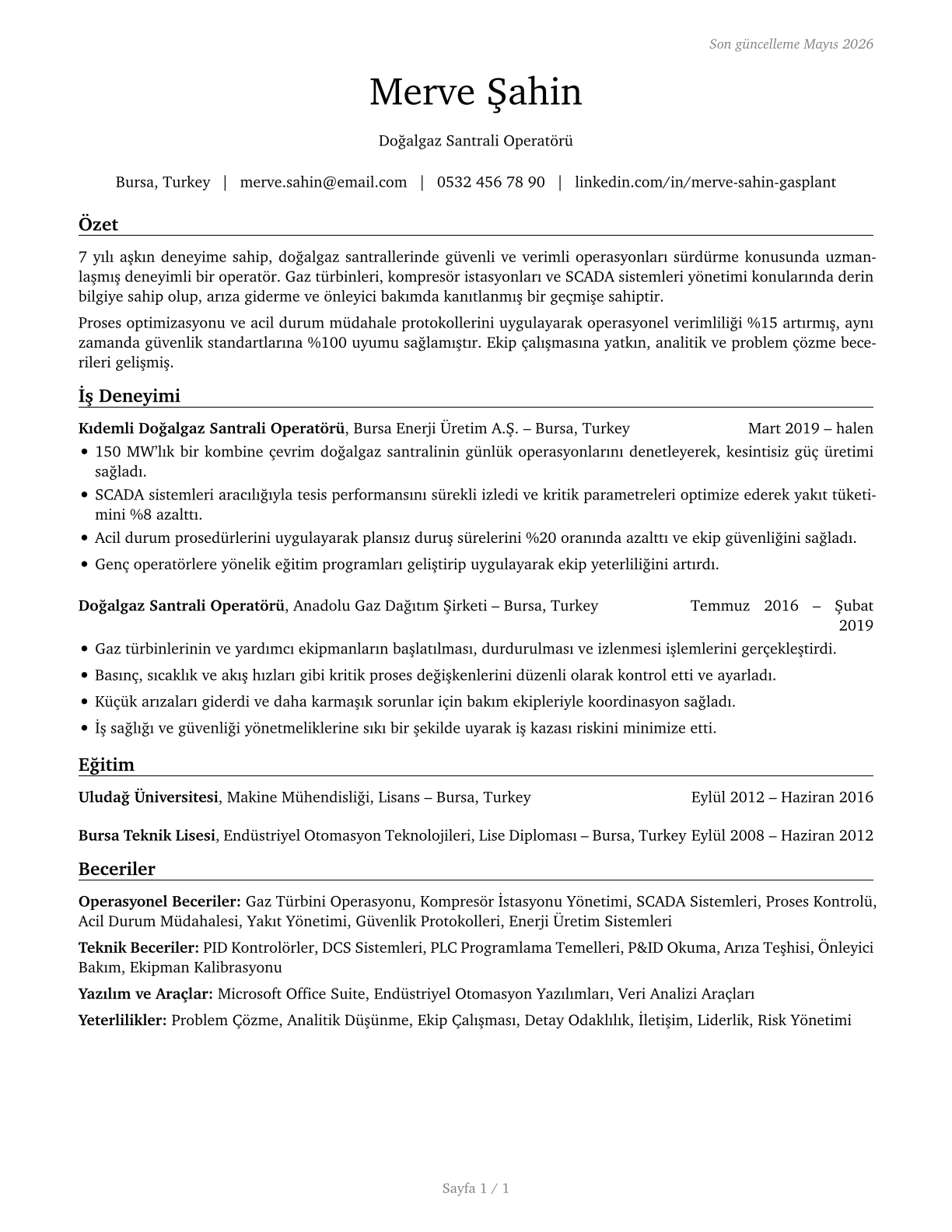 Gas Plant Operators CV in Turkish — page 1