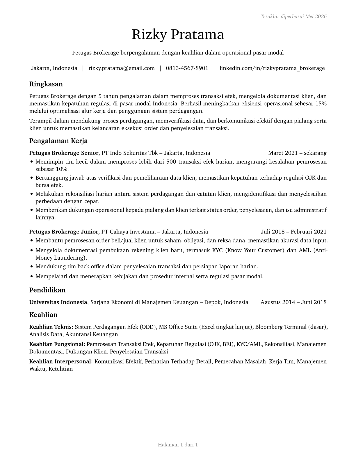 Brokerage Clerks CV in Indonesian — page 1