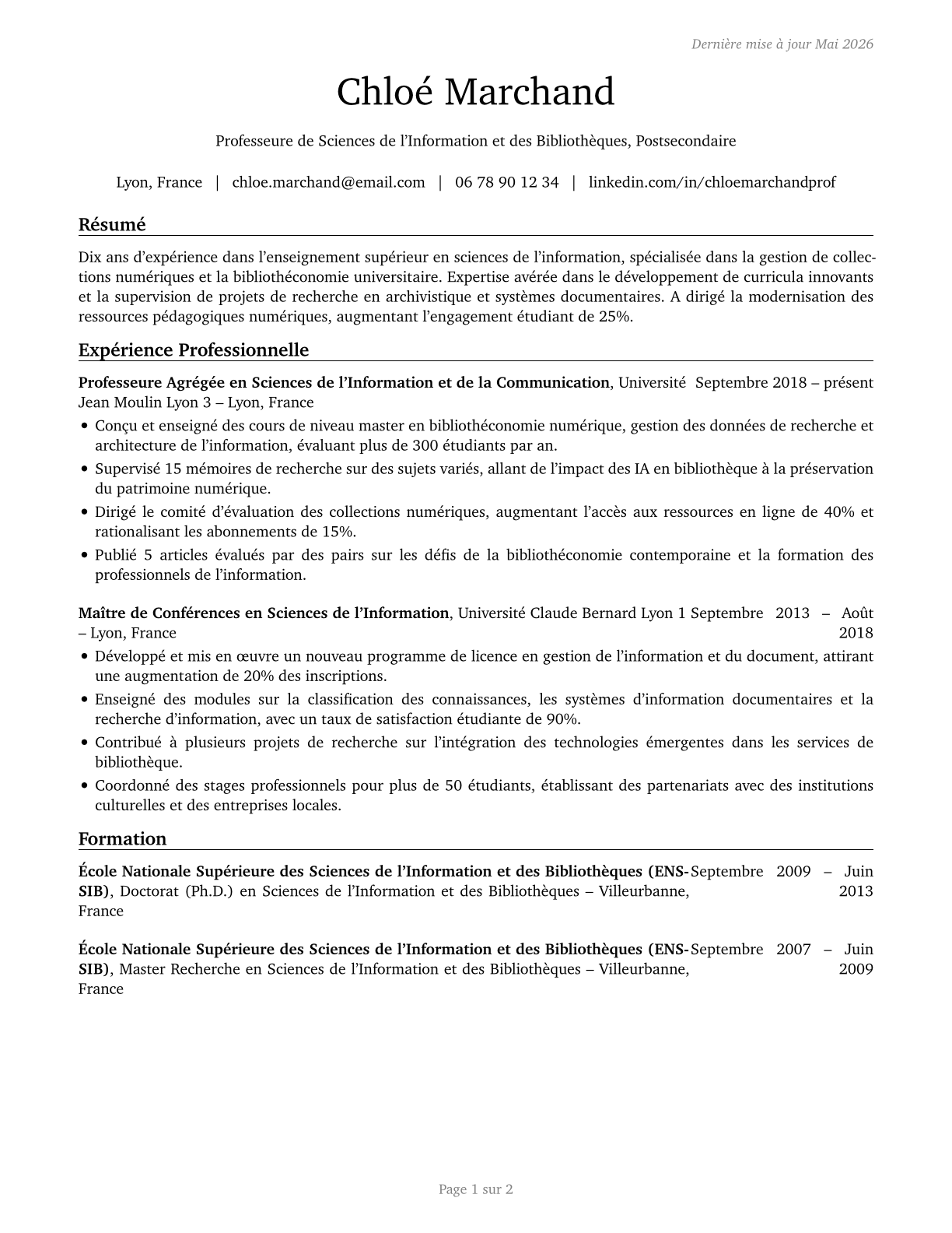 Library Science Teachers, Postsecondary CV in French — page 1