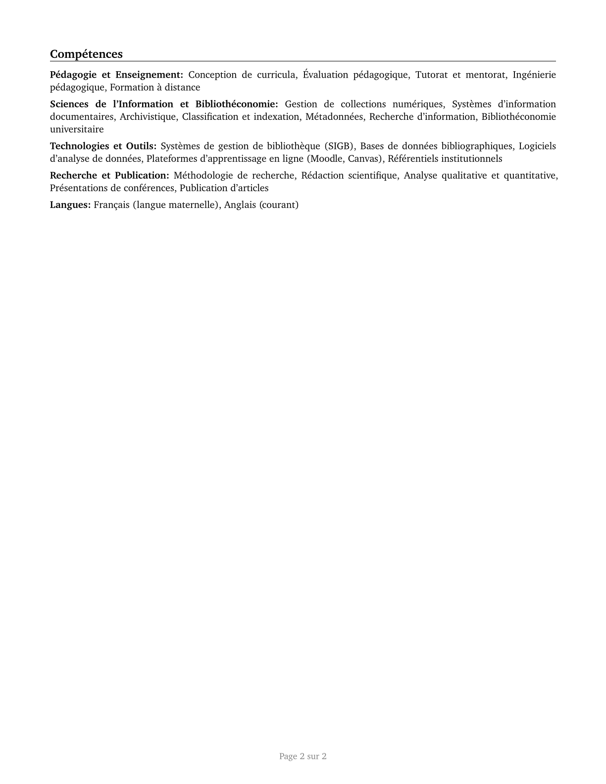 Library Science Teachers, Postsecondary CV in French — page 2