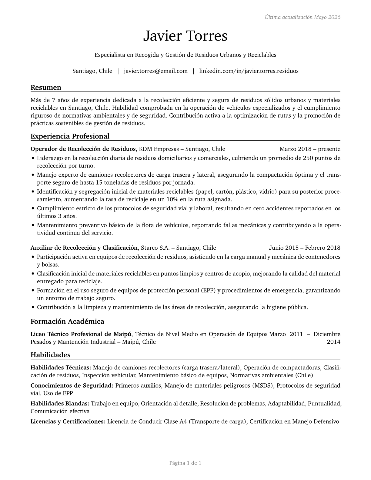 Refuse and Recyclable Material Collectors CV in Spanish — page 1