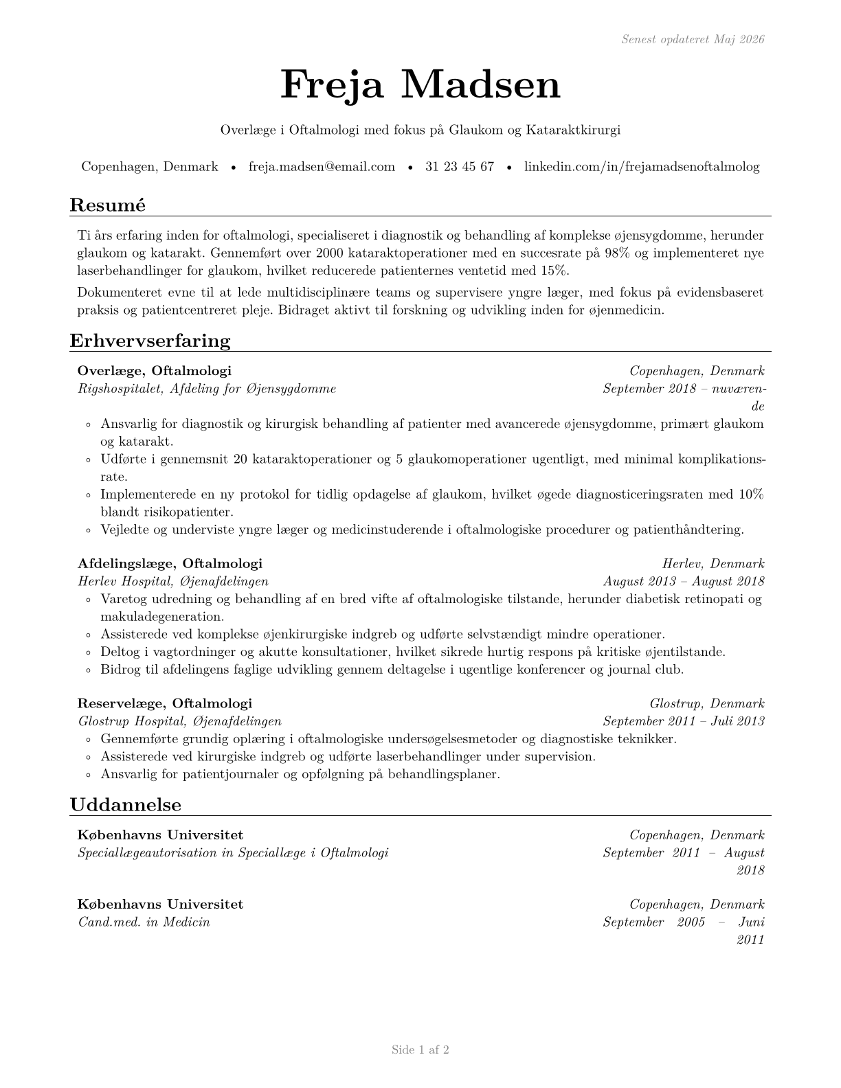 Ophthalmologists, Except Pediatric CV in Danish — page 1