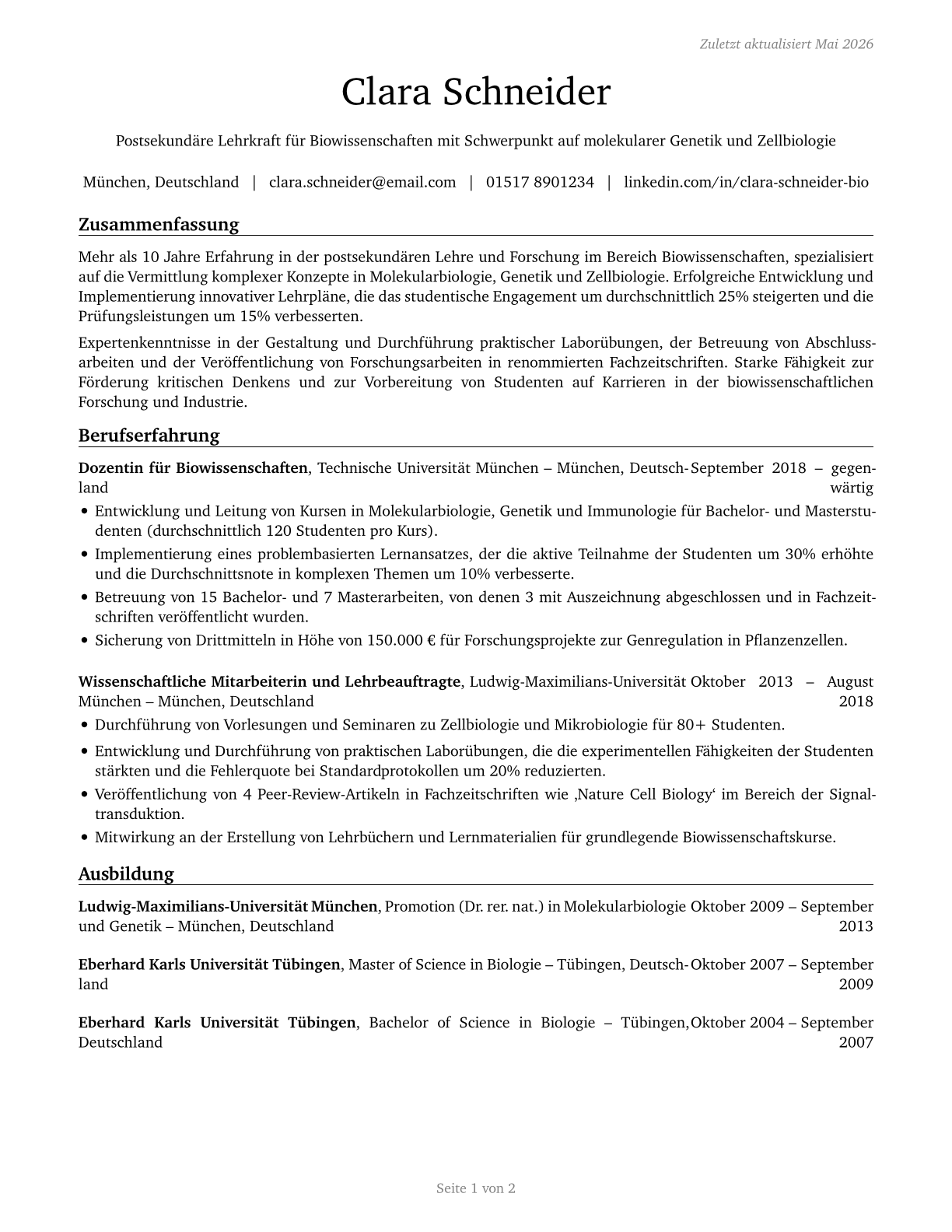 Biological Science Teachers, Postsecondary CV in German — page 1