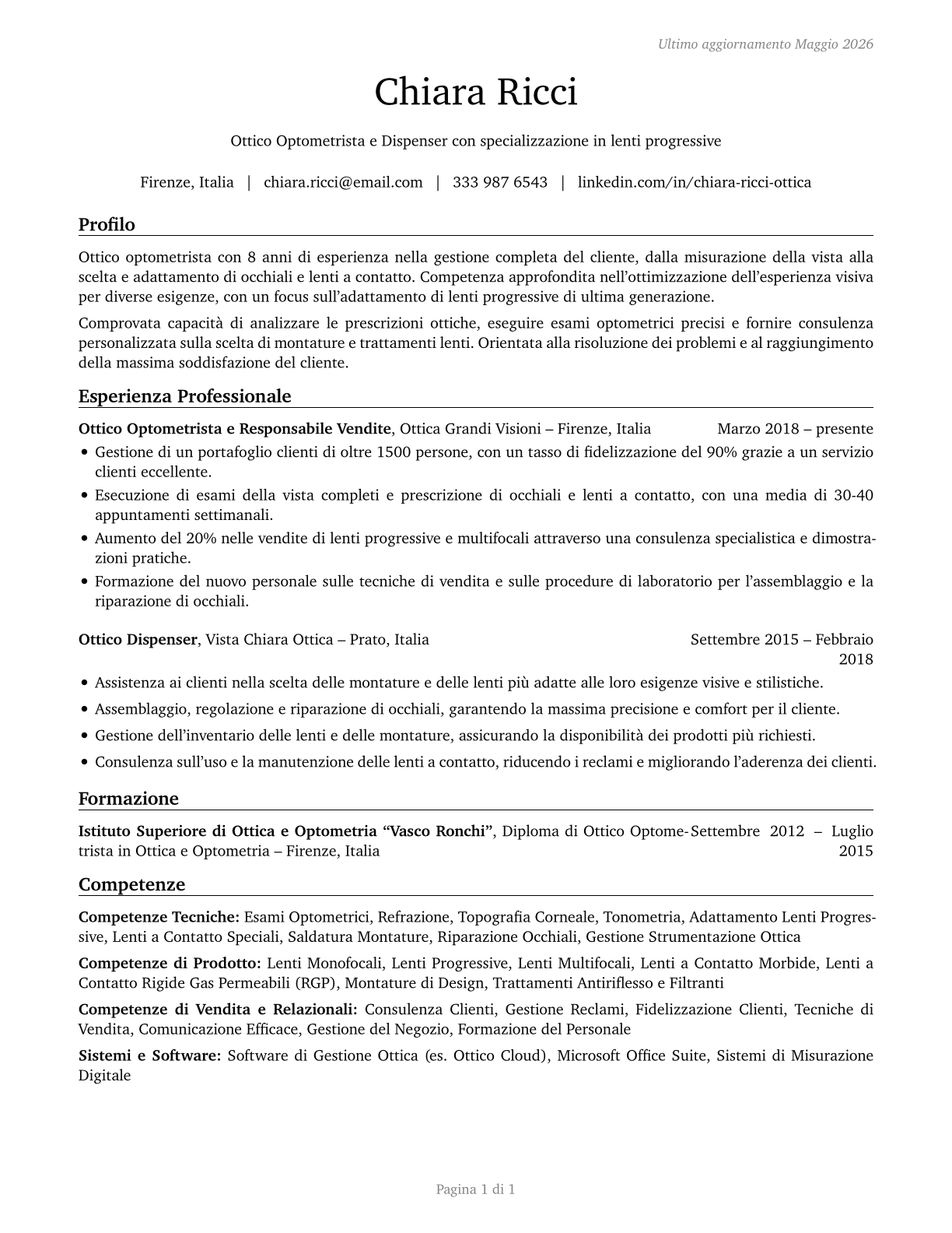 Opticians, Dispensing CV in Italian — page 1