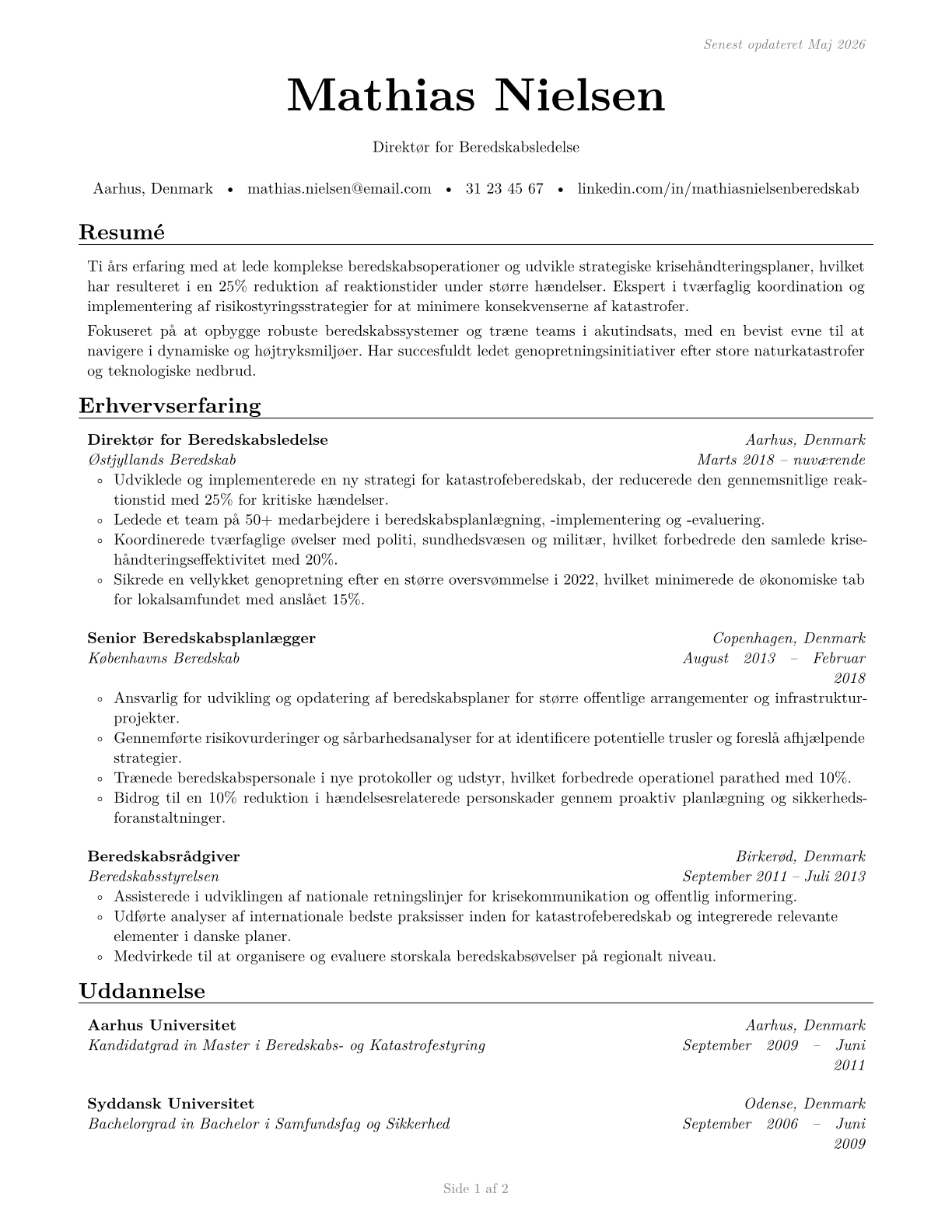 Emergency Management Directors CV in Danish — page 1