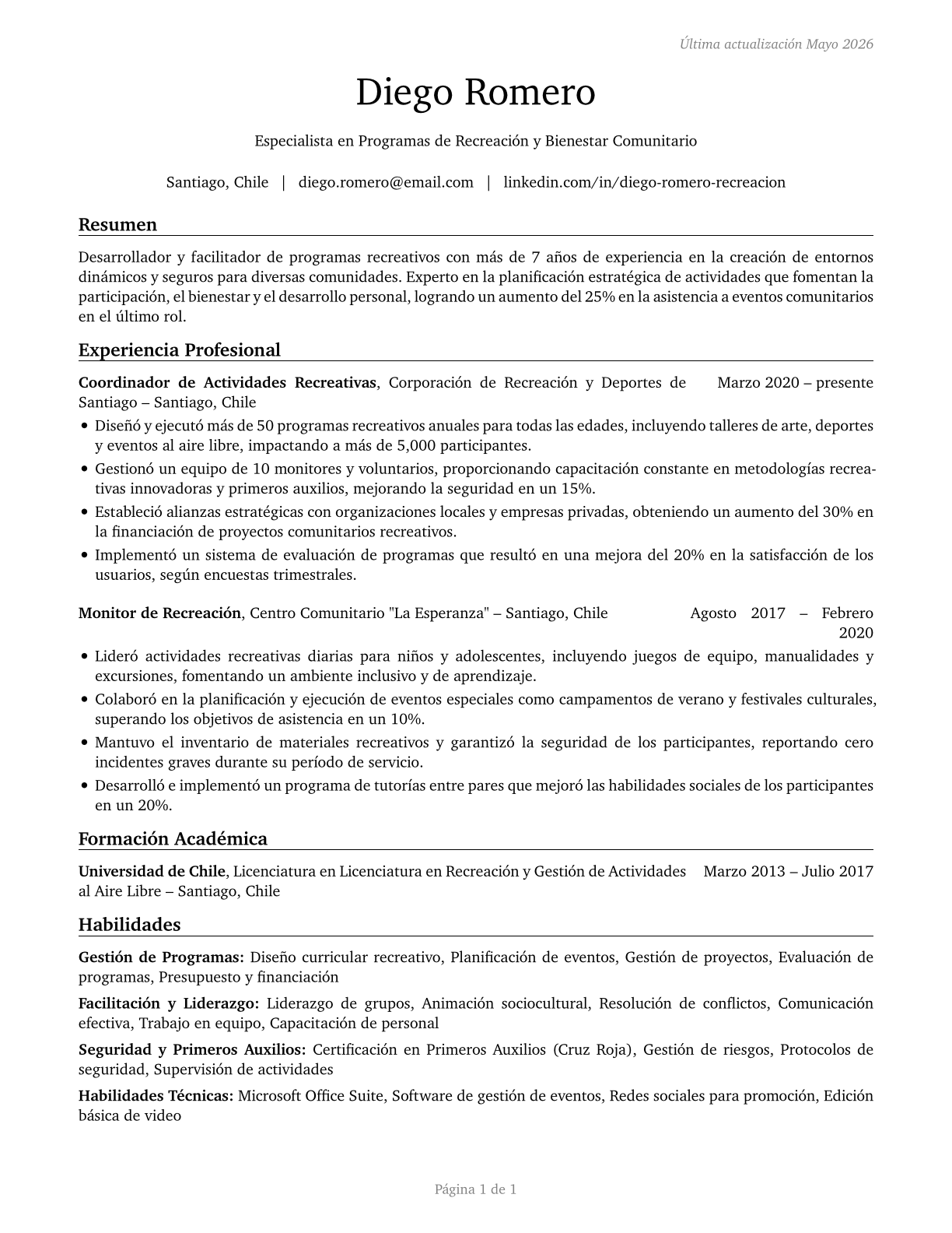 Recreation Workers CV in Spanish — page 1