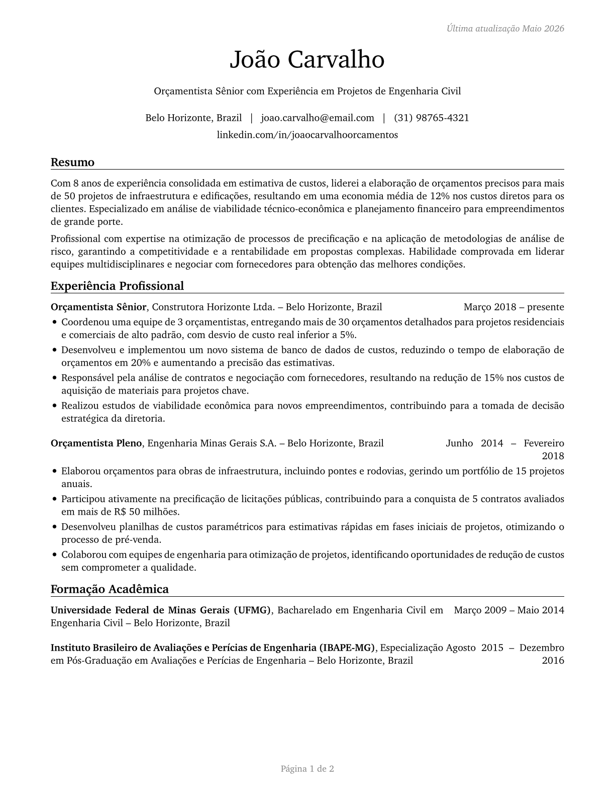 Cost Estimators CV in Portuguese — page 1