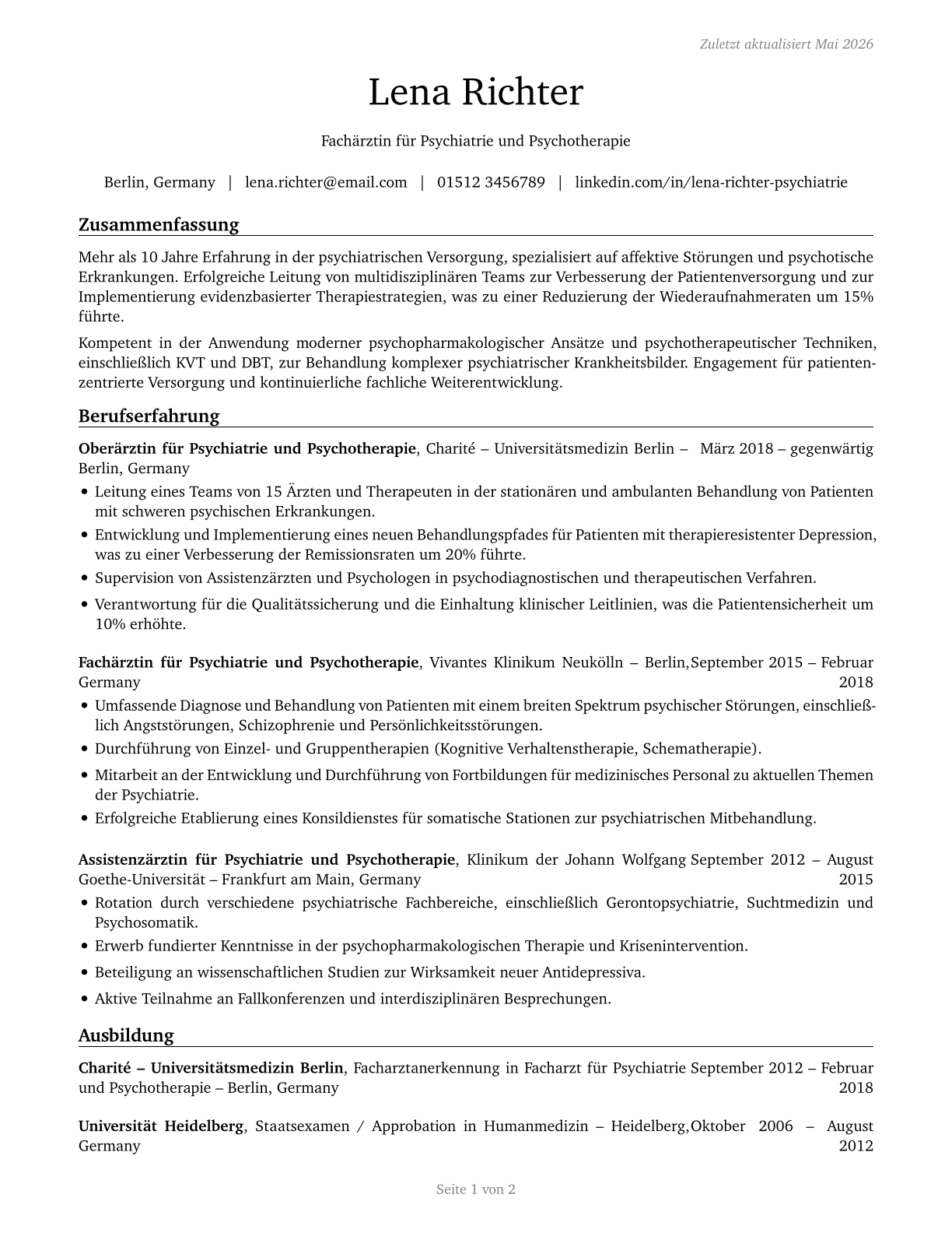 Psychiatrists CV in German — page 1