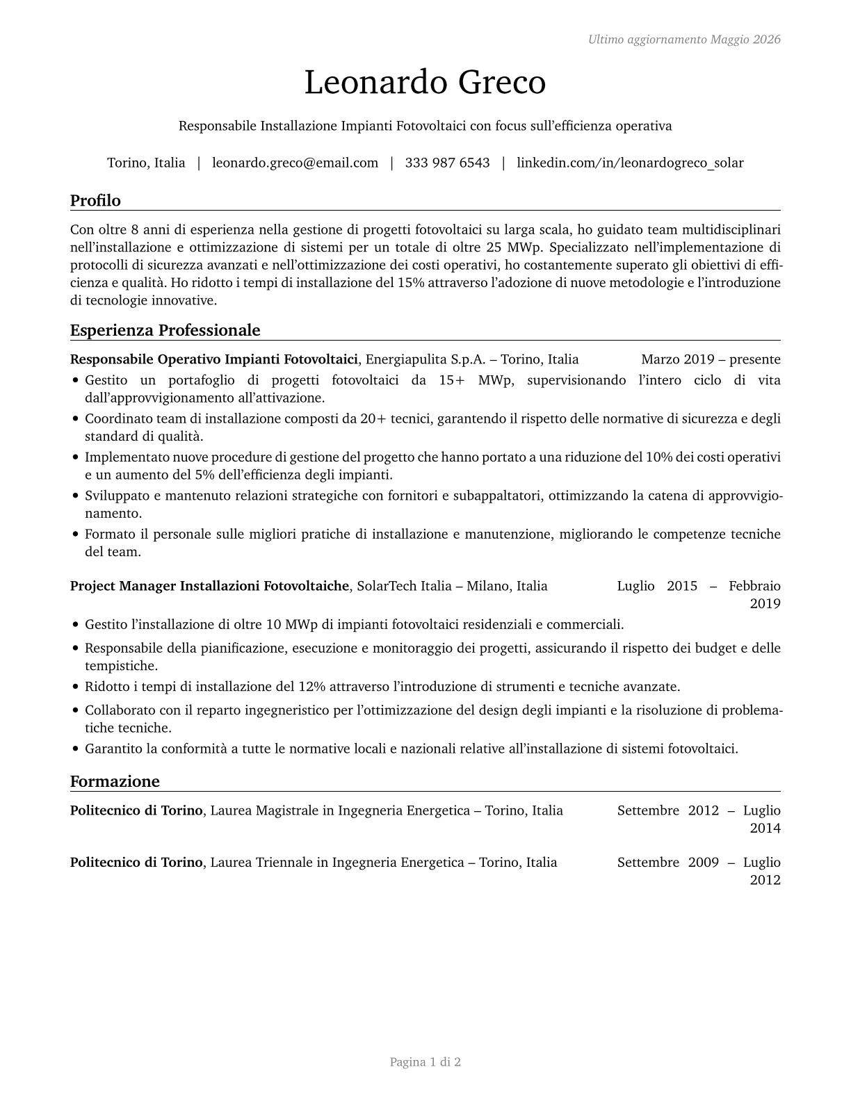 Solar Energy Installation Managers CV in Italian — page 1