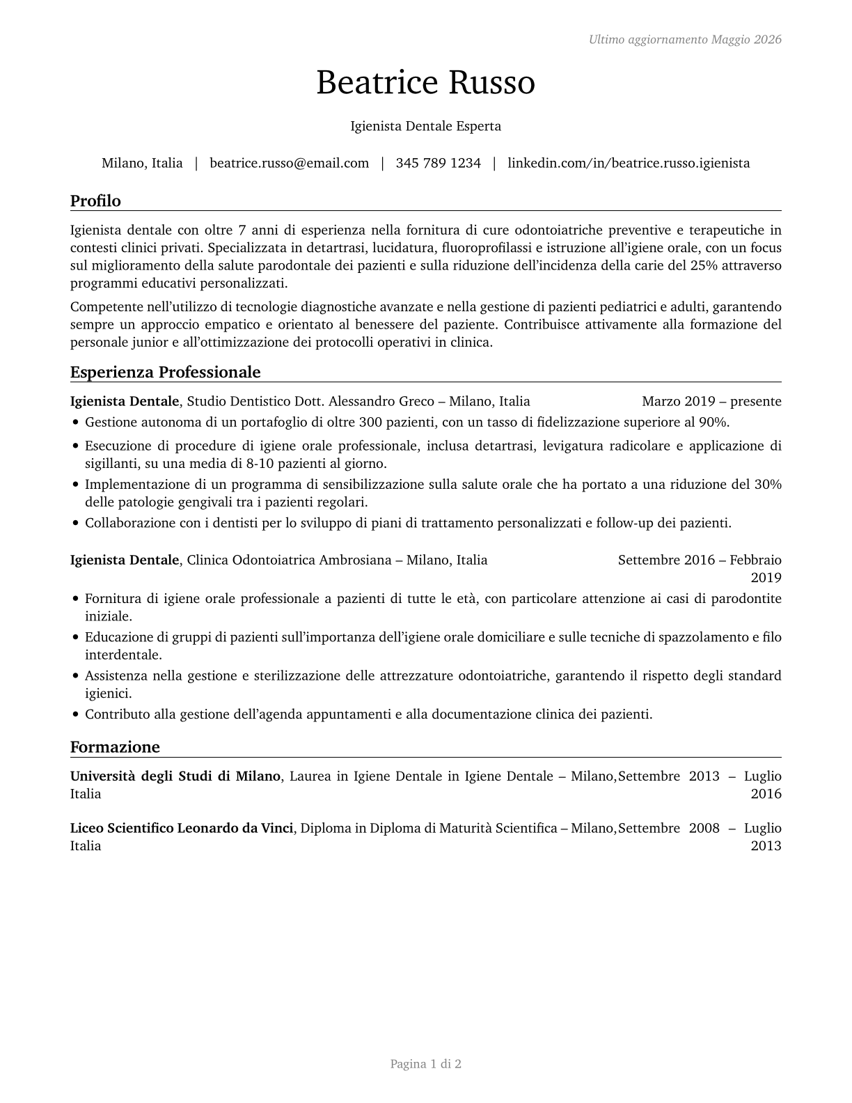 Dental Hygienists CV in Italian — page 1