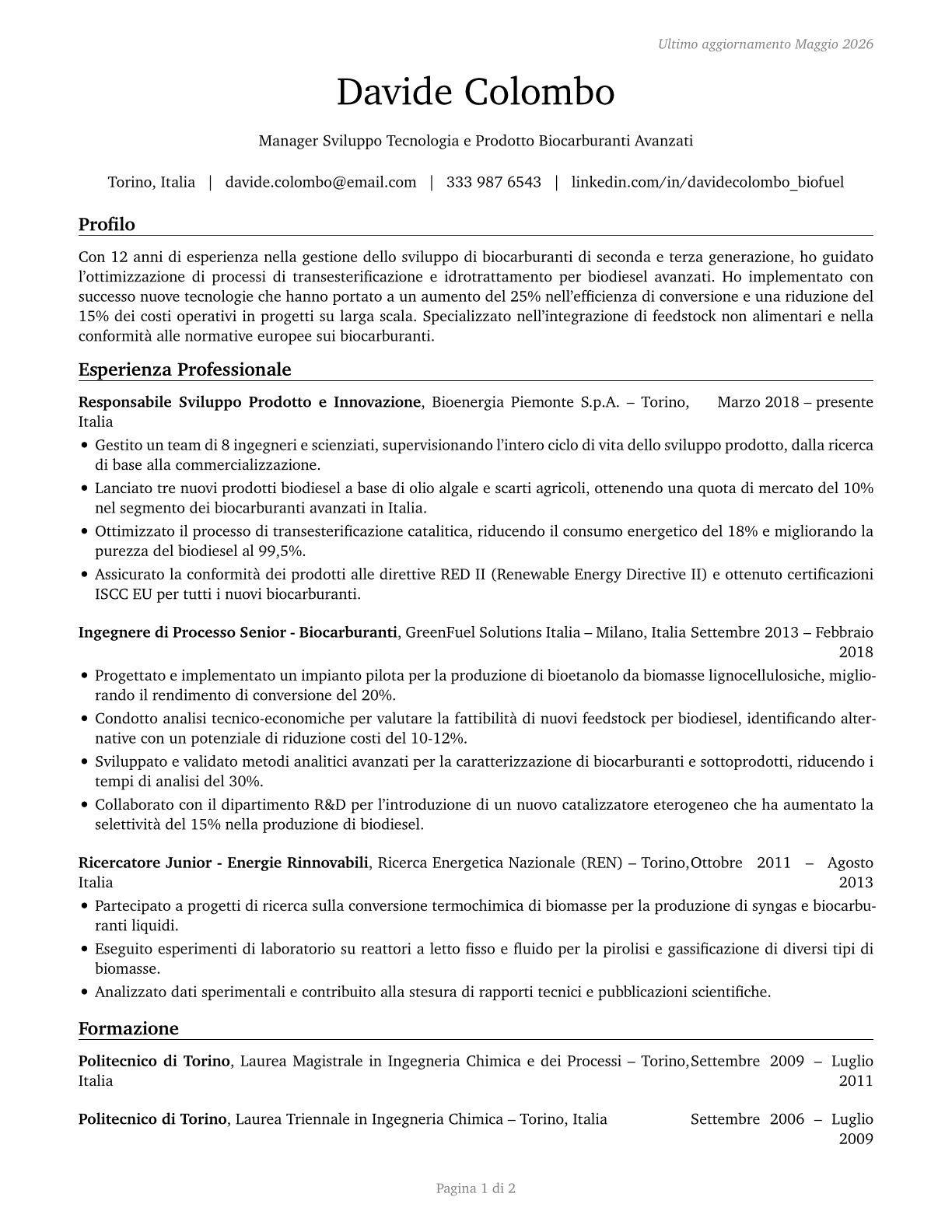 Biofuels/Biodiesel Technology and Product Development Managers CV in Italian — page 1