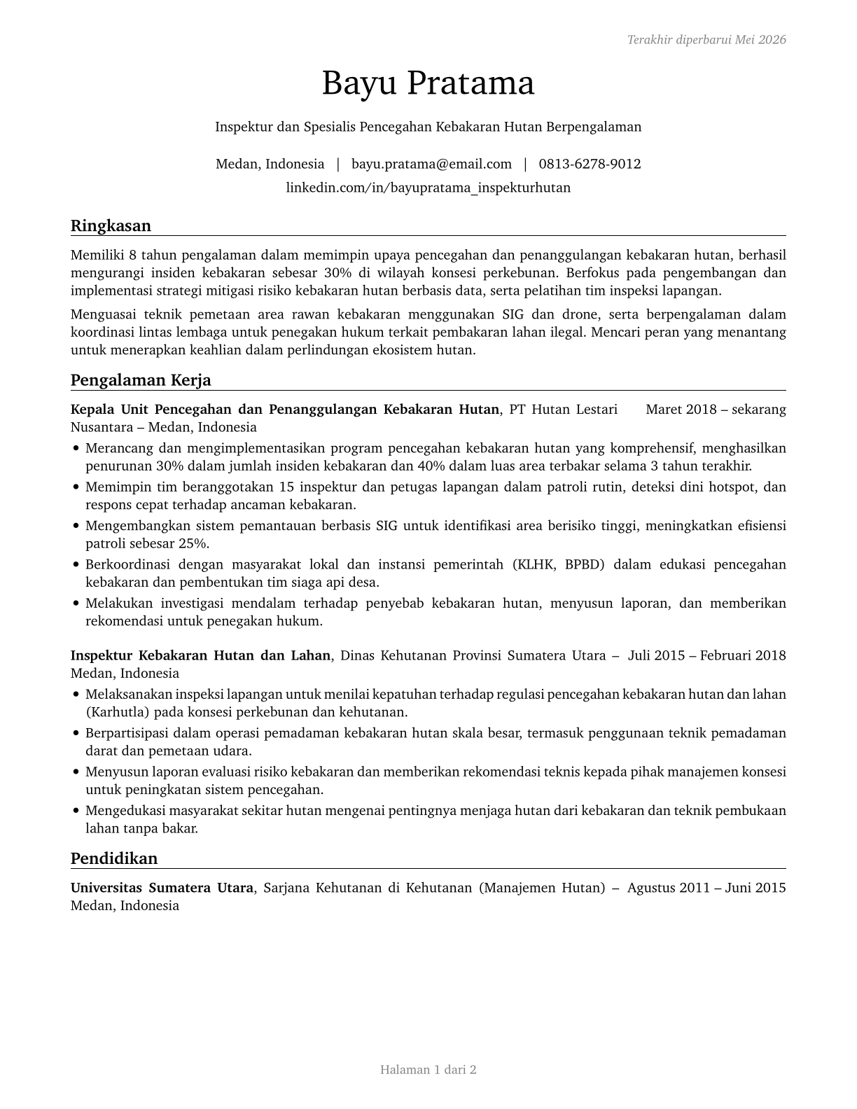Forest Fire Inspectors and Prevention Specialists CV in Indonesian — page 1