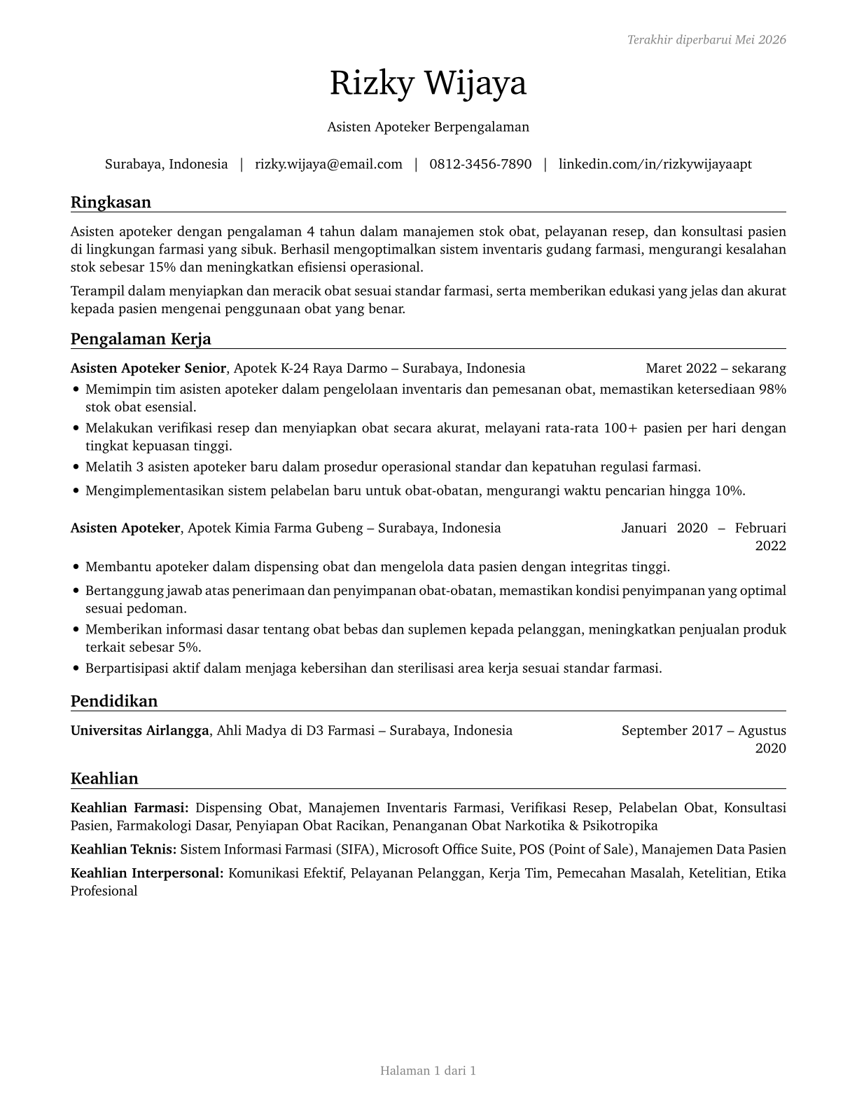 Pharmacy Aides CV in Indonesian — page 1