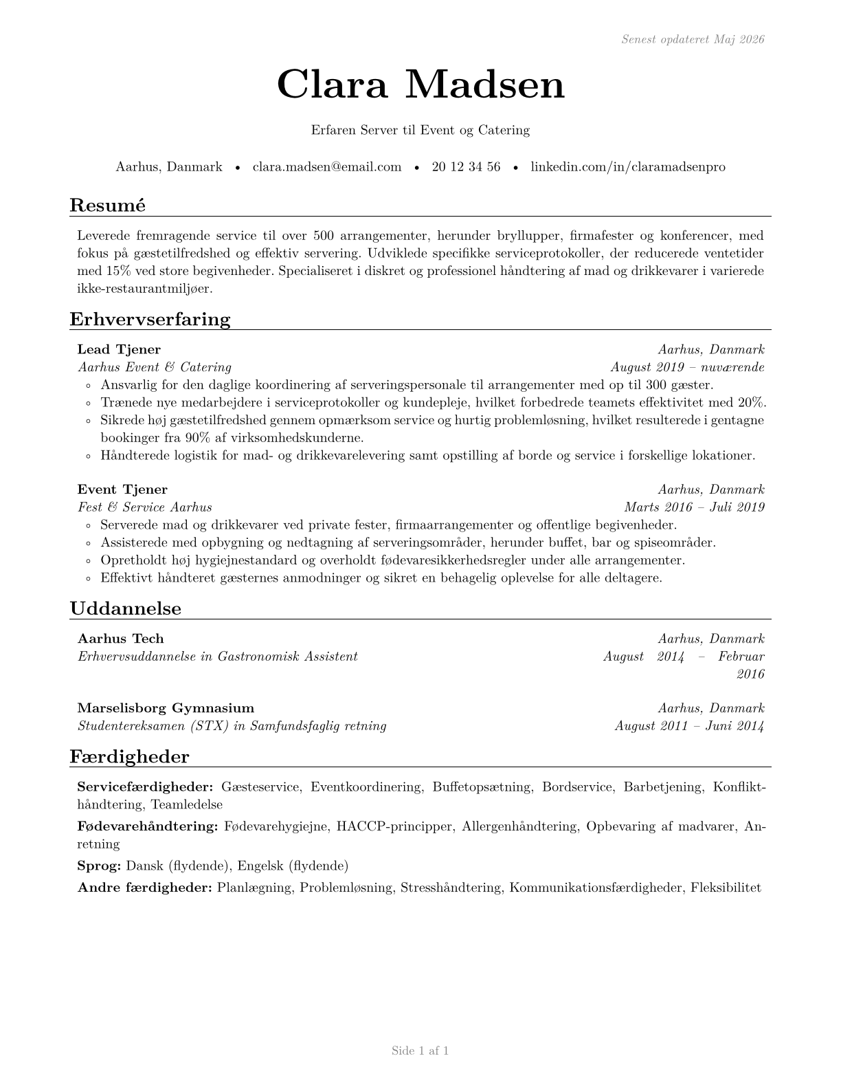 Food Servers, Nonrestaurant CV in Danish — page 1