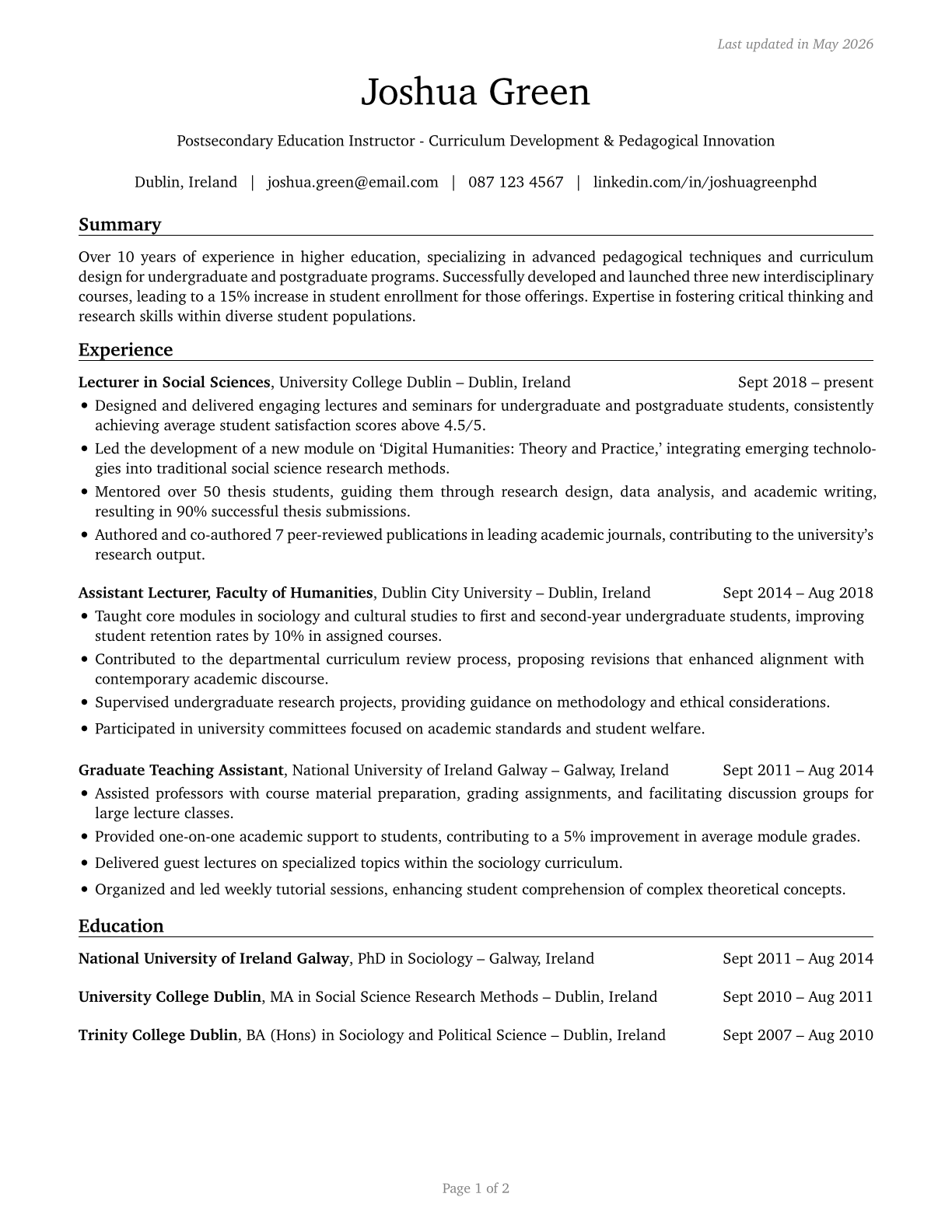 Education Teachers, Postsecondary CV in English — page 1