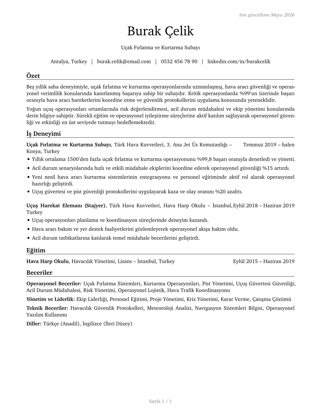 Aircraft Launch and Recovery Officers CV in Turkish — page 1
