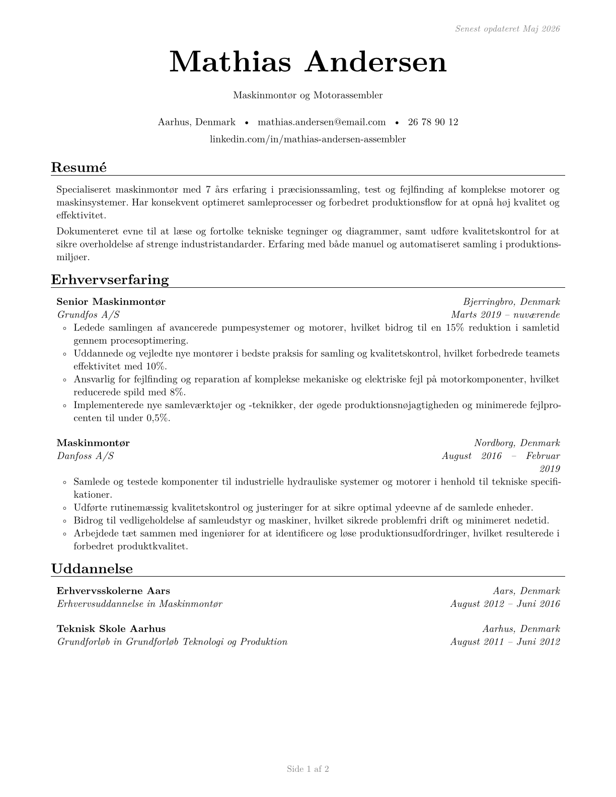 Engine and Other Machine Assemblers CV in Danish — page 1