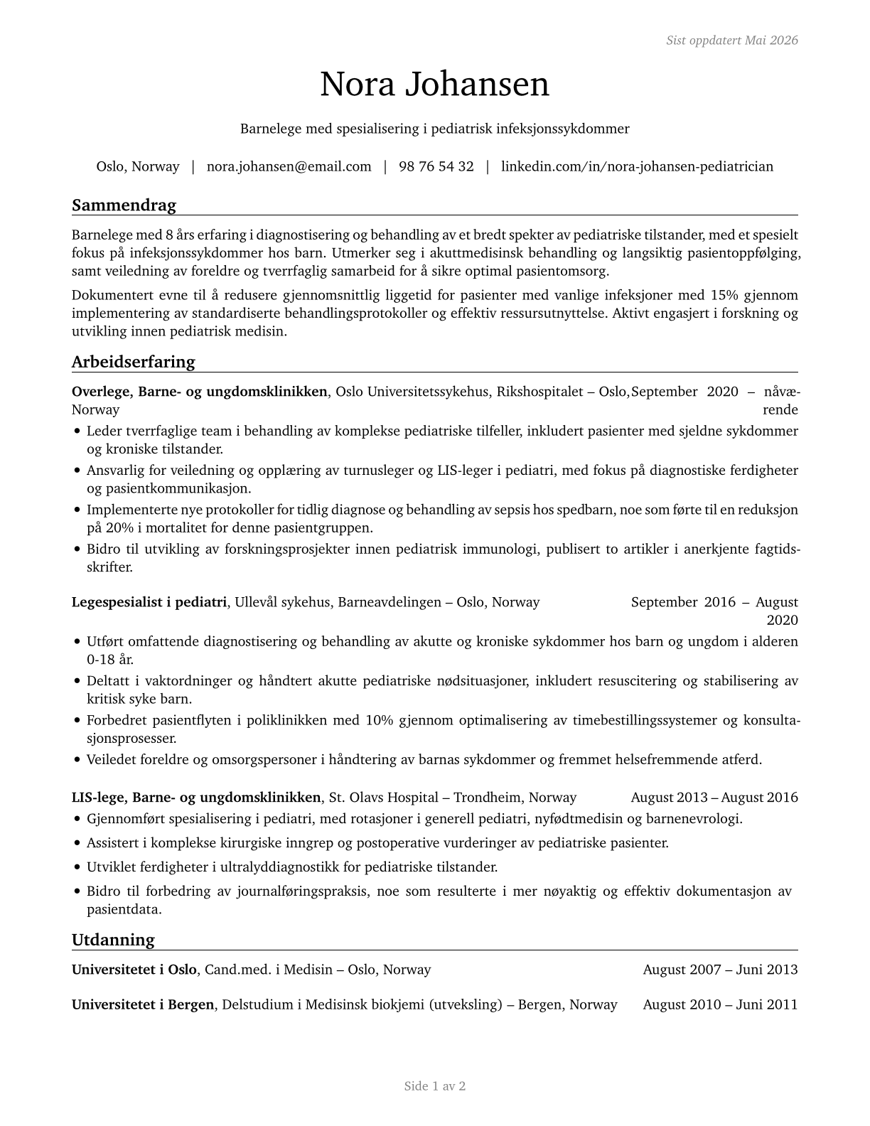Pediatricians, General CV in Norwegian_bokmal — page 1