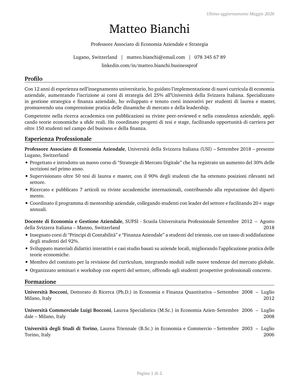Business Teachers, Postsecondary CV in Italian — page 1