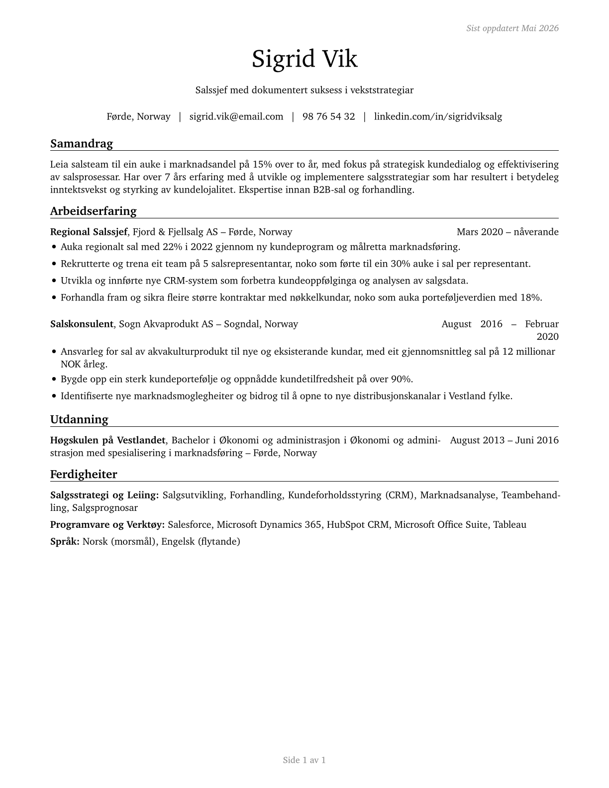 Sales Managers CV in Norwegian_nynorsk — page 1