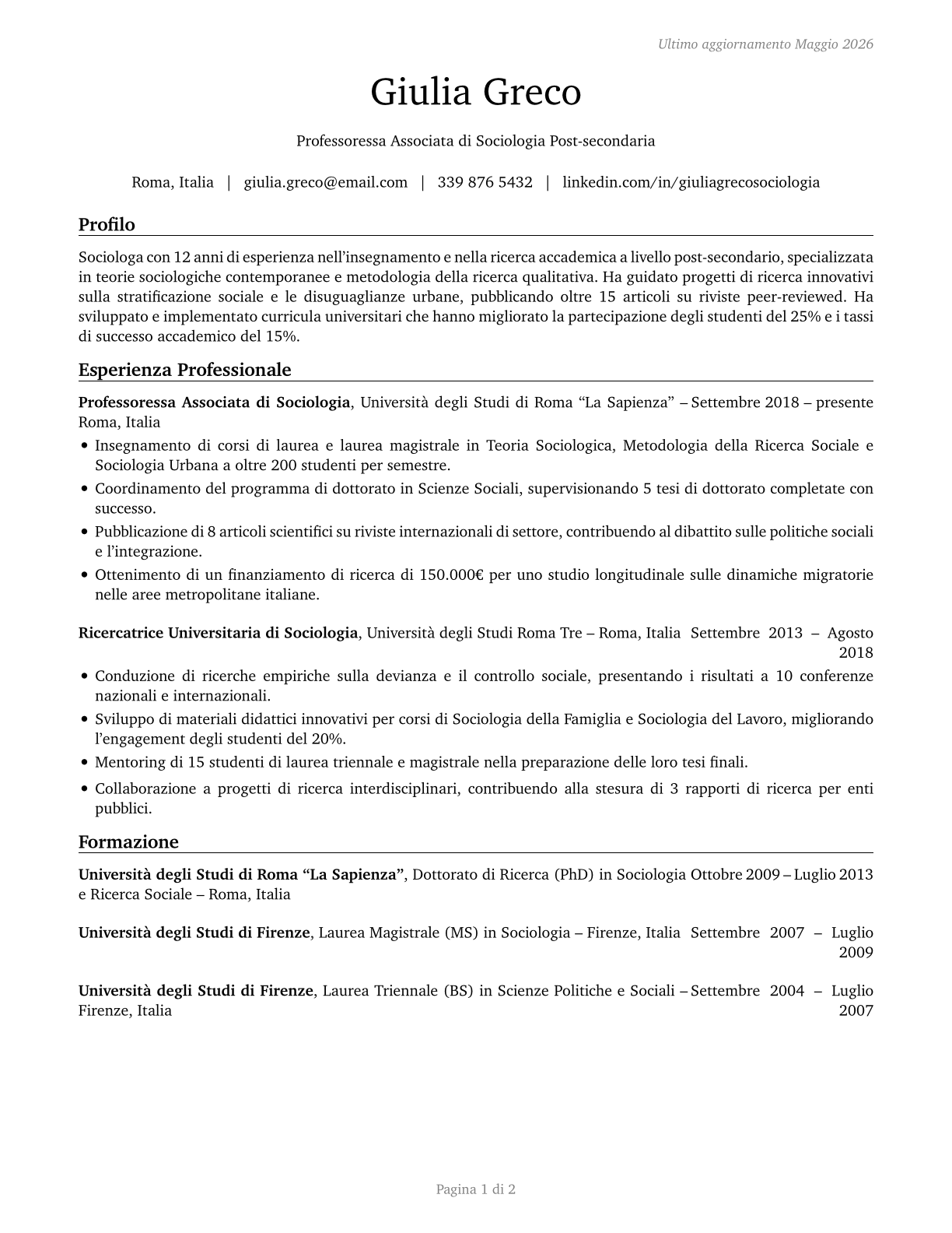 Sociology Teachers, Postsecondary CV in Italian — page 1