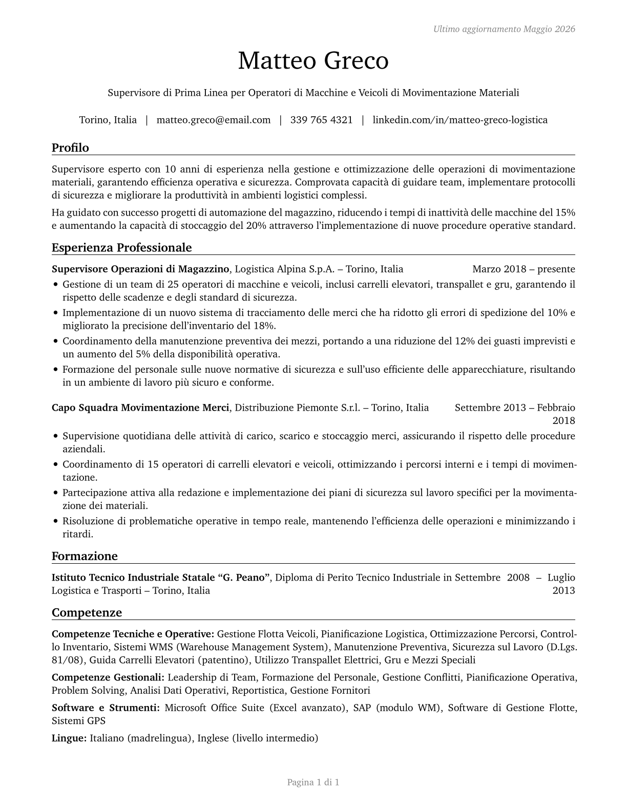 First-Line Supervisors of Material-Moving Machine and Vehicle Operators CV in Italian — page 1
