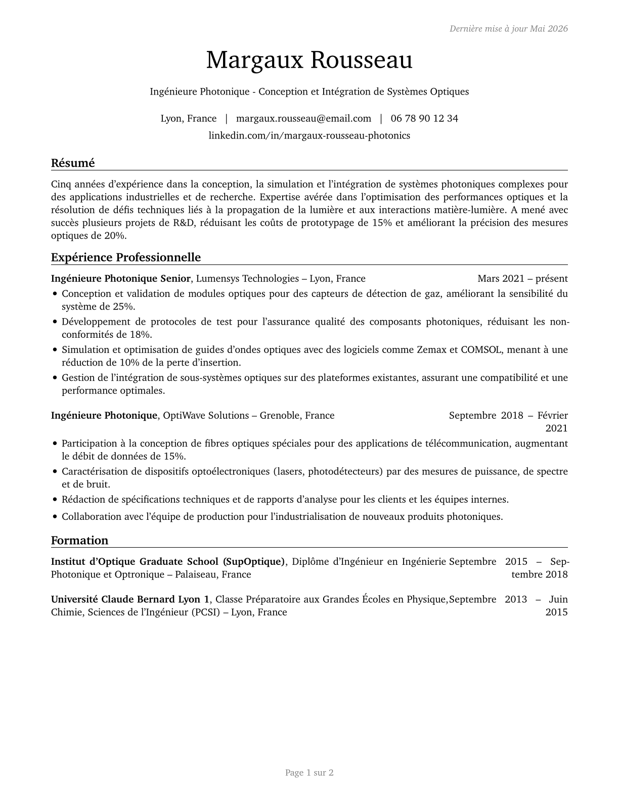 Photonics Engineers CV in French — page 1