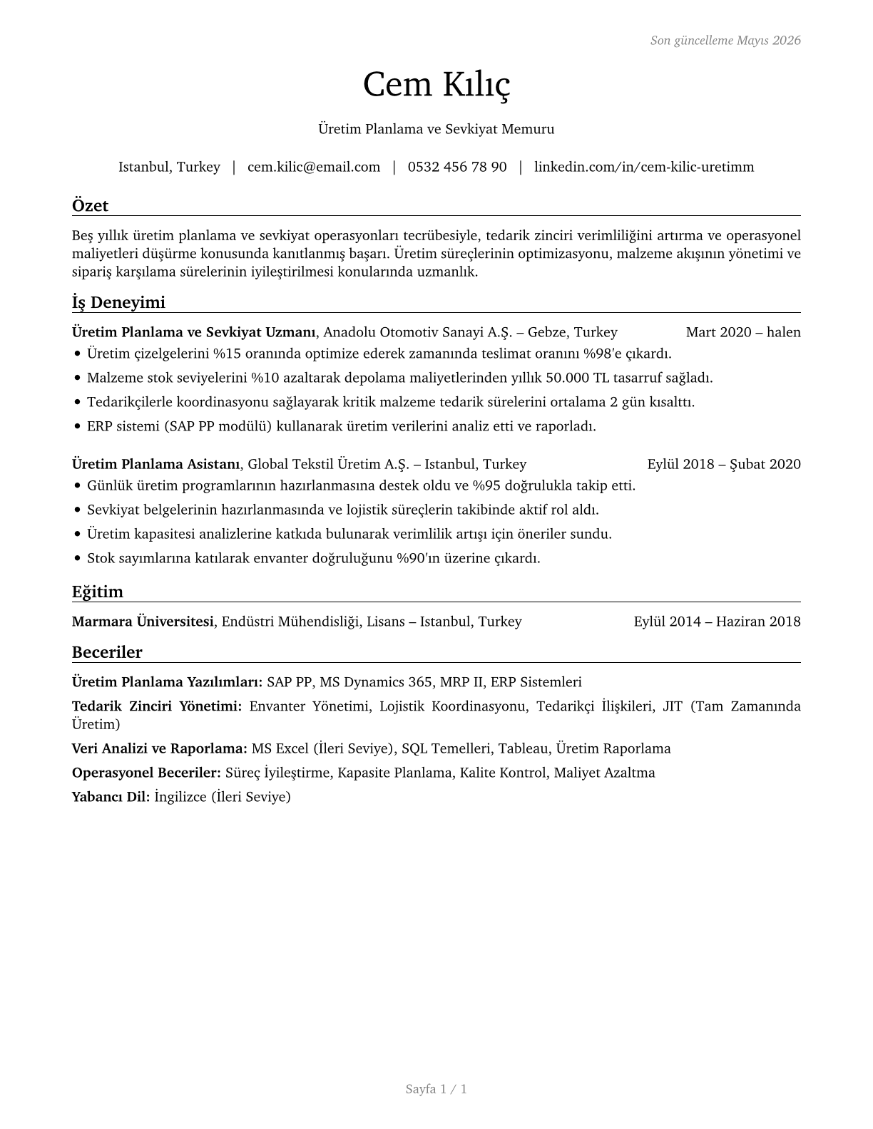 Production, Planning, and Expediting Clerks CV in Turkish — page 1