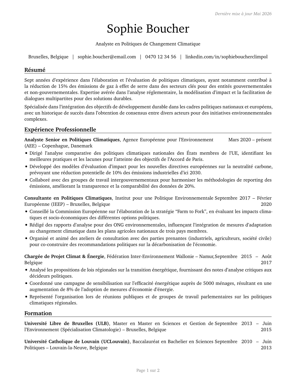 Climate Change Policy Analysts CV in French — page 1