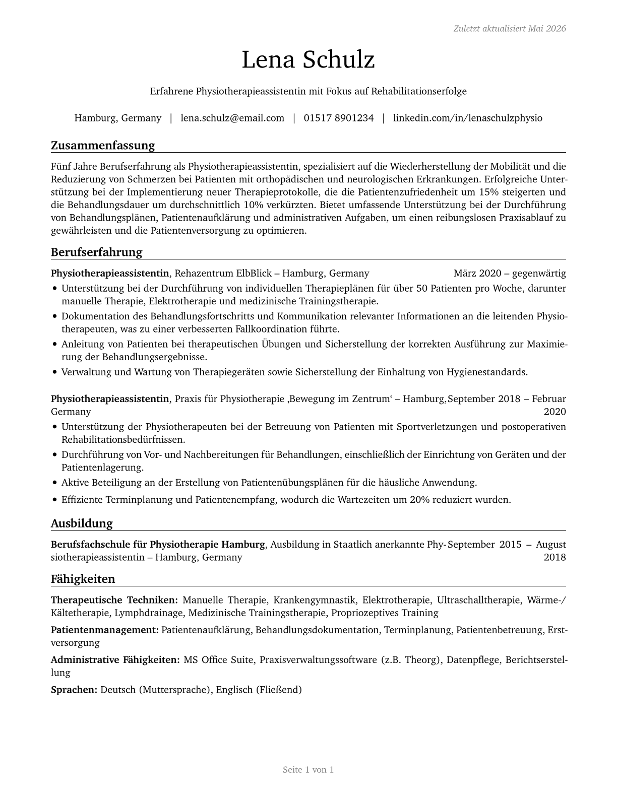 Physical Therapist Assistants CV in German — page 1