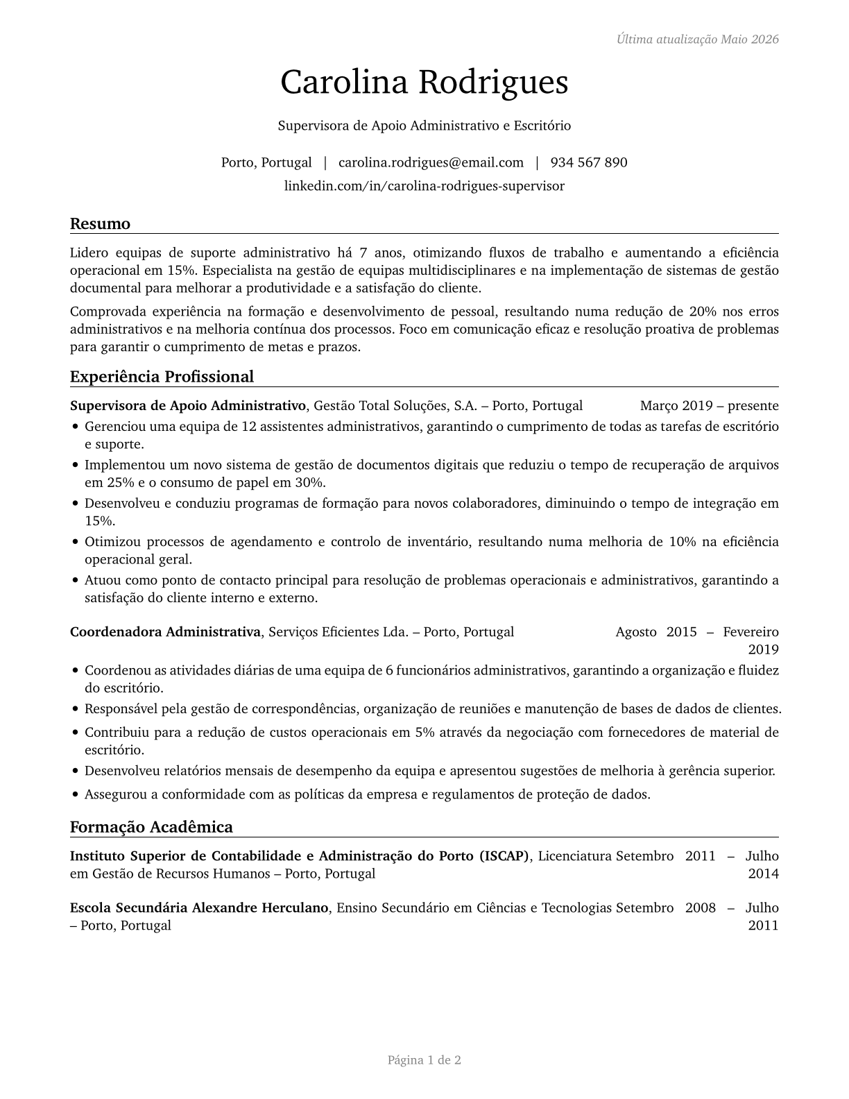 First-Line Supervisors of Office and Administrative Support Workers CV in Portuguese — page 1