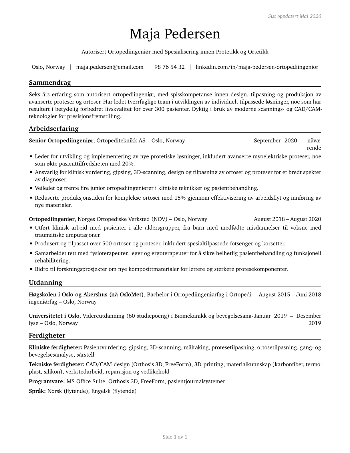 Orthotists and Prosthetists CV in Norwegian_bokmal — page 1