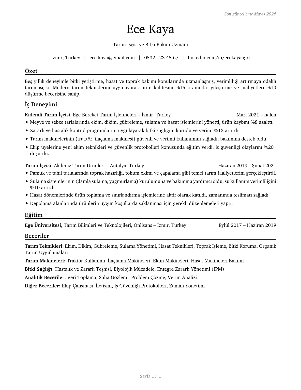 Agricultural Workers, All Other CV in Turkish — page 1